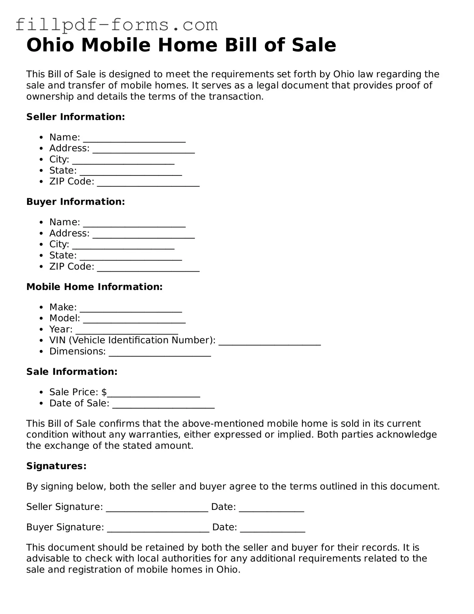 Fillable Mobile Home Bill of Sale Template for the State of Ohio