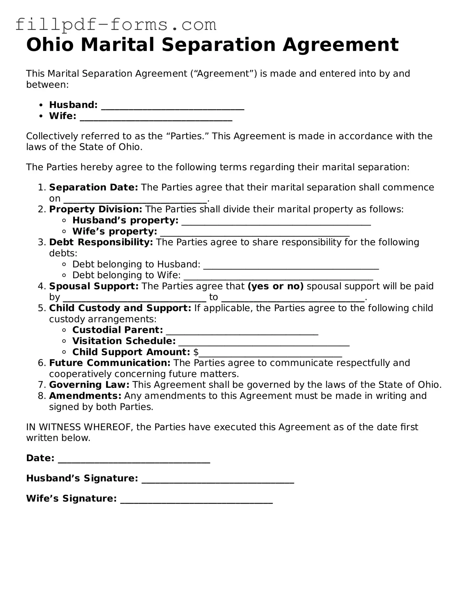 Fillable Marital Separation Agreement Template for the State of Ohio