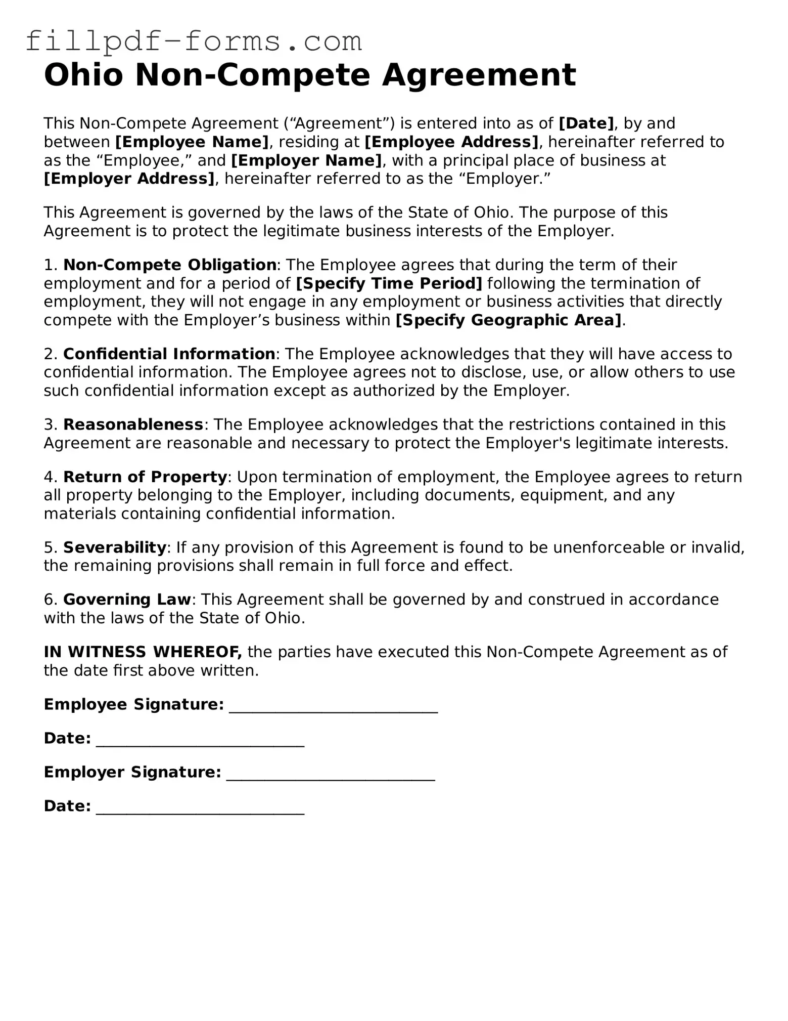 Fillable Non-compete Agreement Template for the State of Ohio