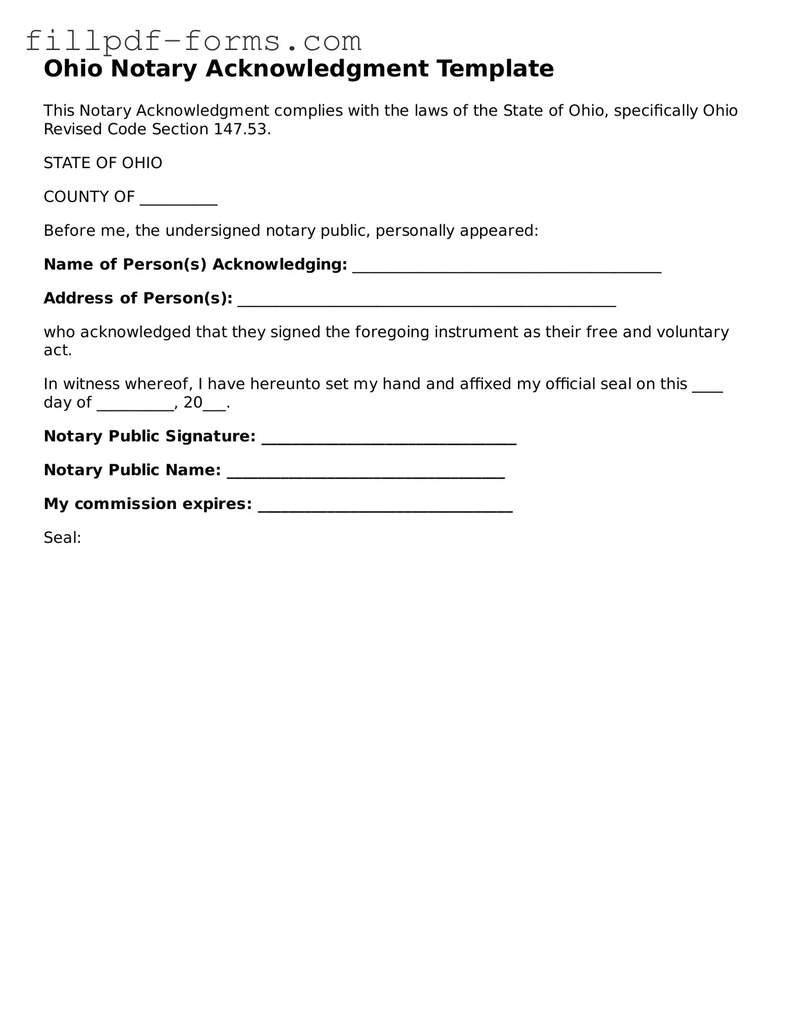 Fillable Notary Acknowledgement Template for the State of Ohio