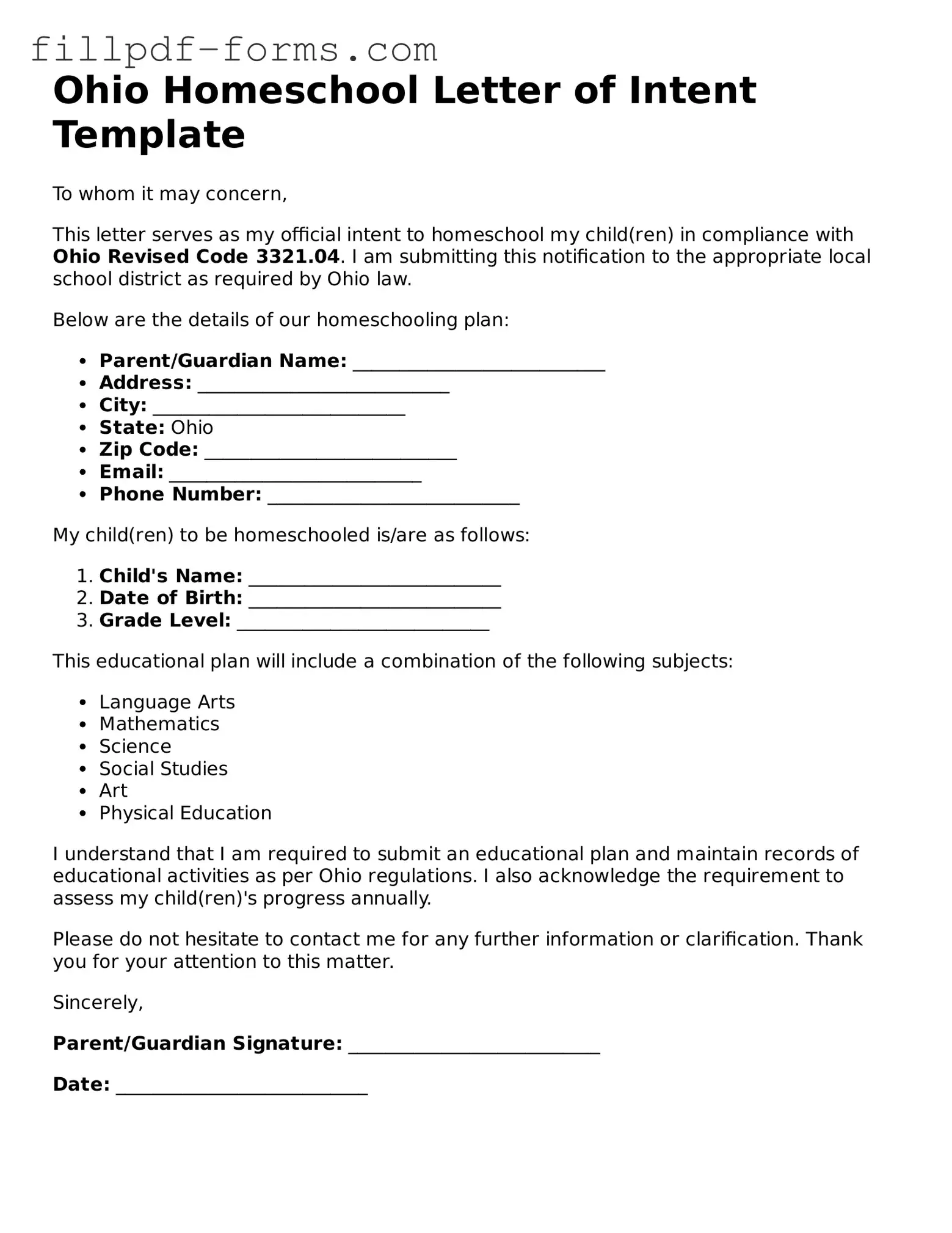 Fillable Homeschool Letter of Intent Template for the State of Ohio