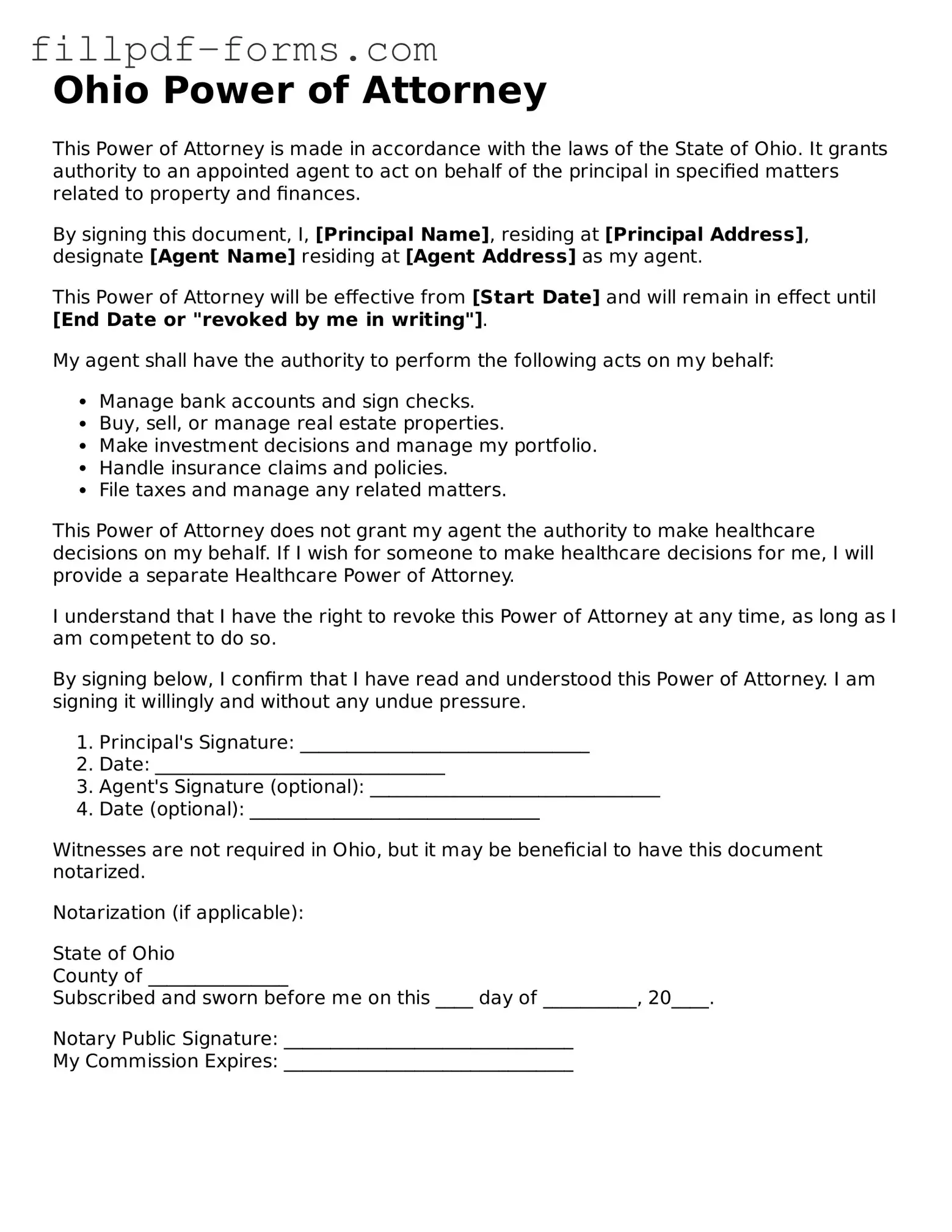 Fillable Power of Attorney Template for the State of Ohio