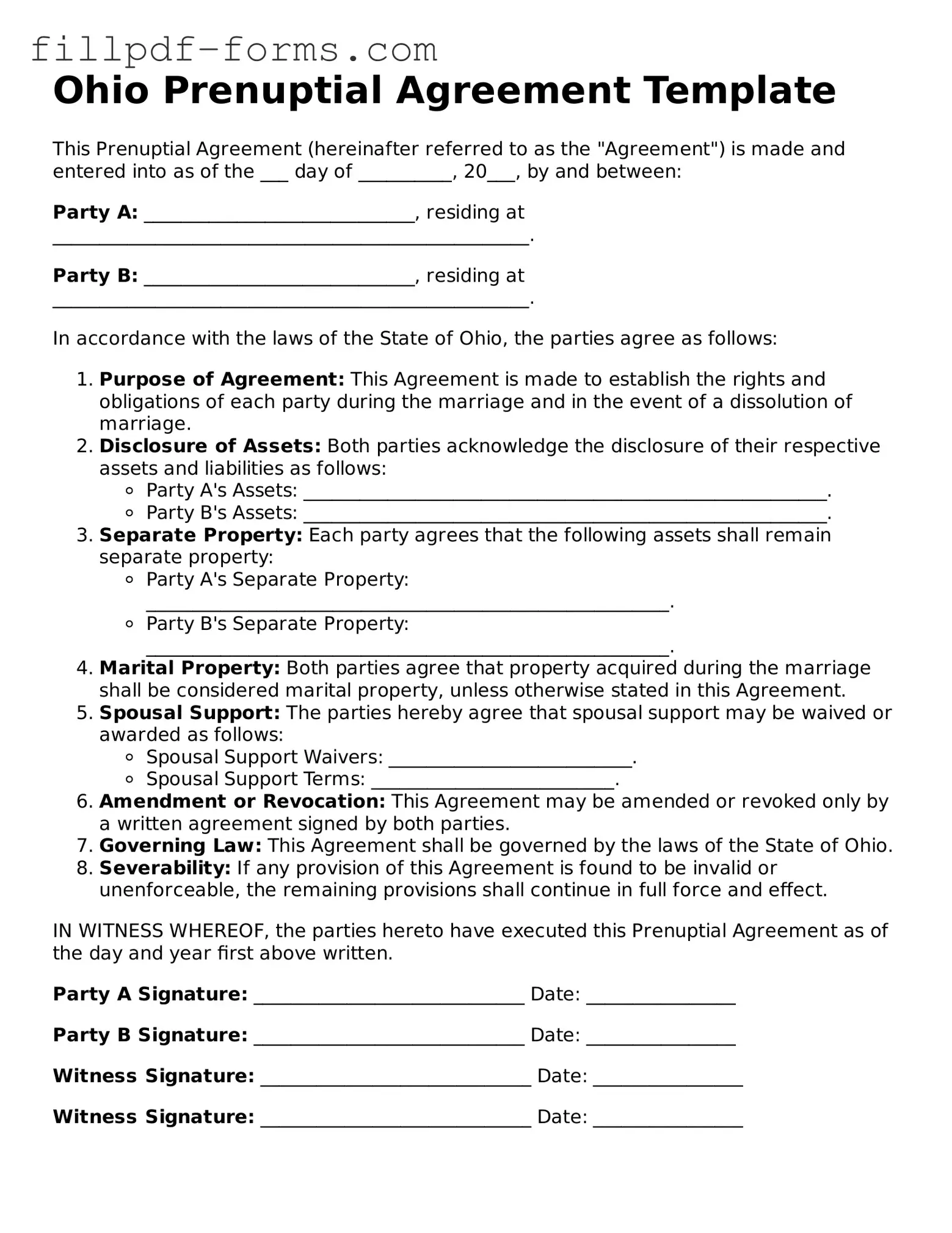 Fillable Prenuptial Agreement Template for the State of Ohio