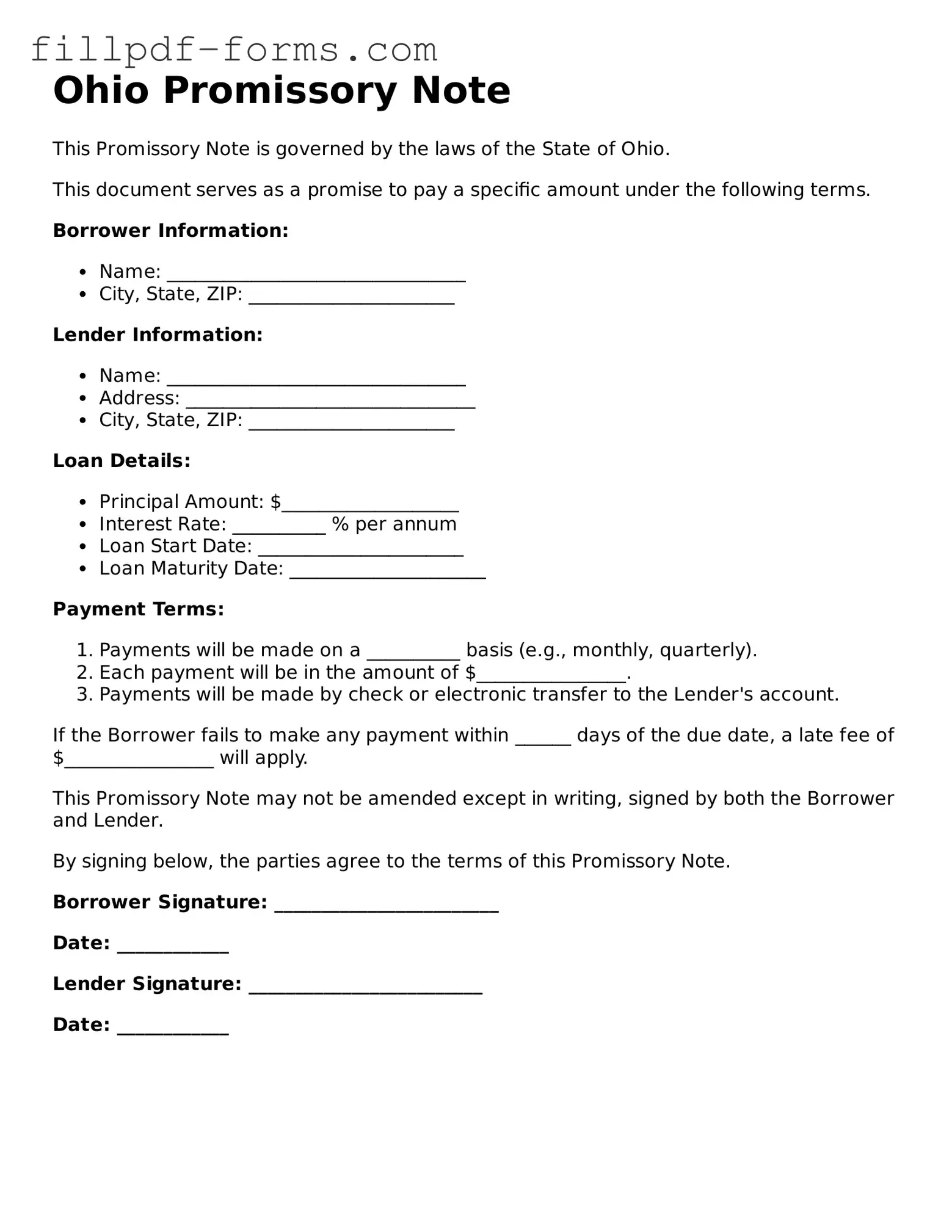 Fillable Promissory Note Template for the State of Ohio