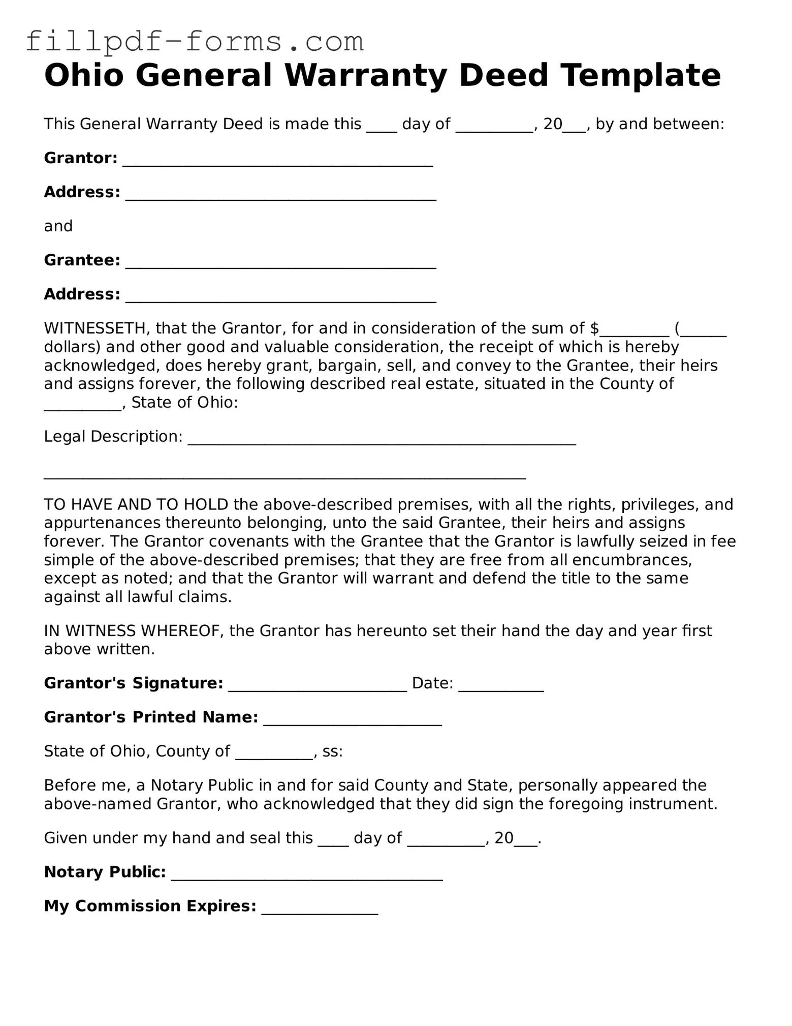 Fillable Deed Template for the State of Ohio