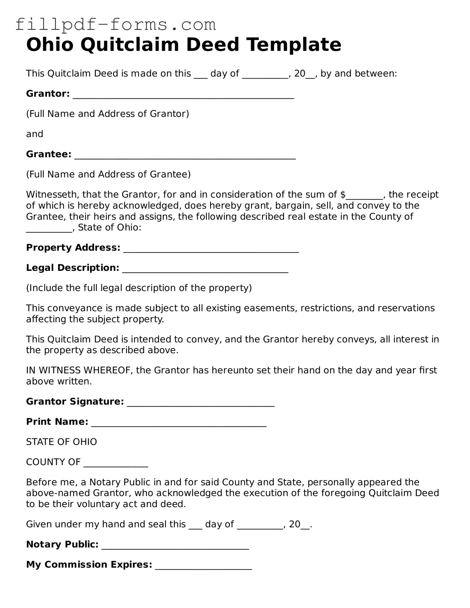 Fillable Quitclaim Deed Template for the State of Ohio