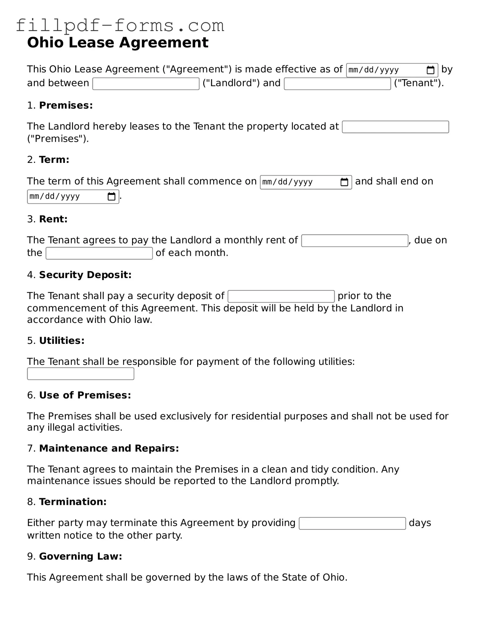 Fillable Lease Agreement Template for the State of Ohio