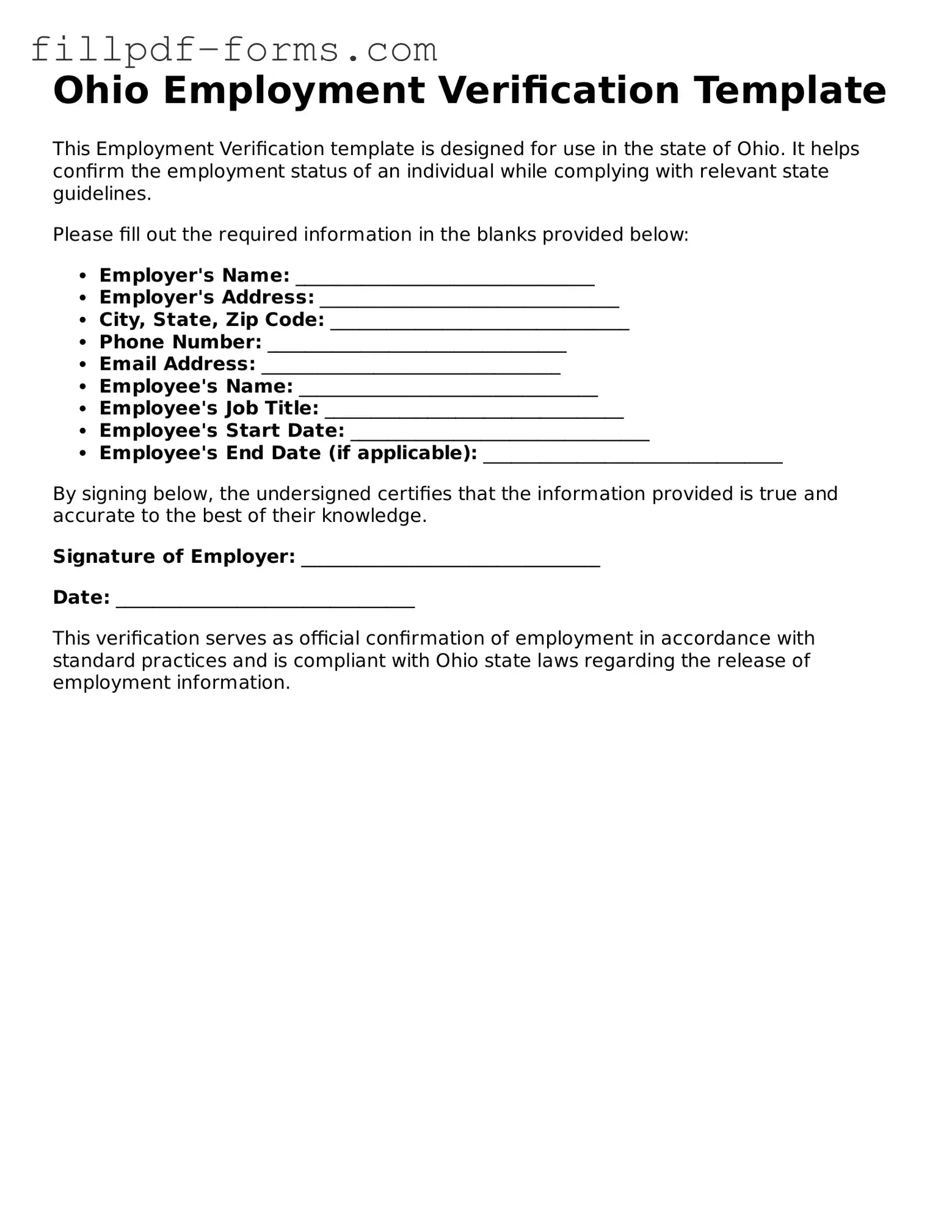 Fillable Employment Verification Template for the State of Ohio