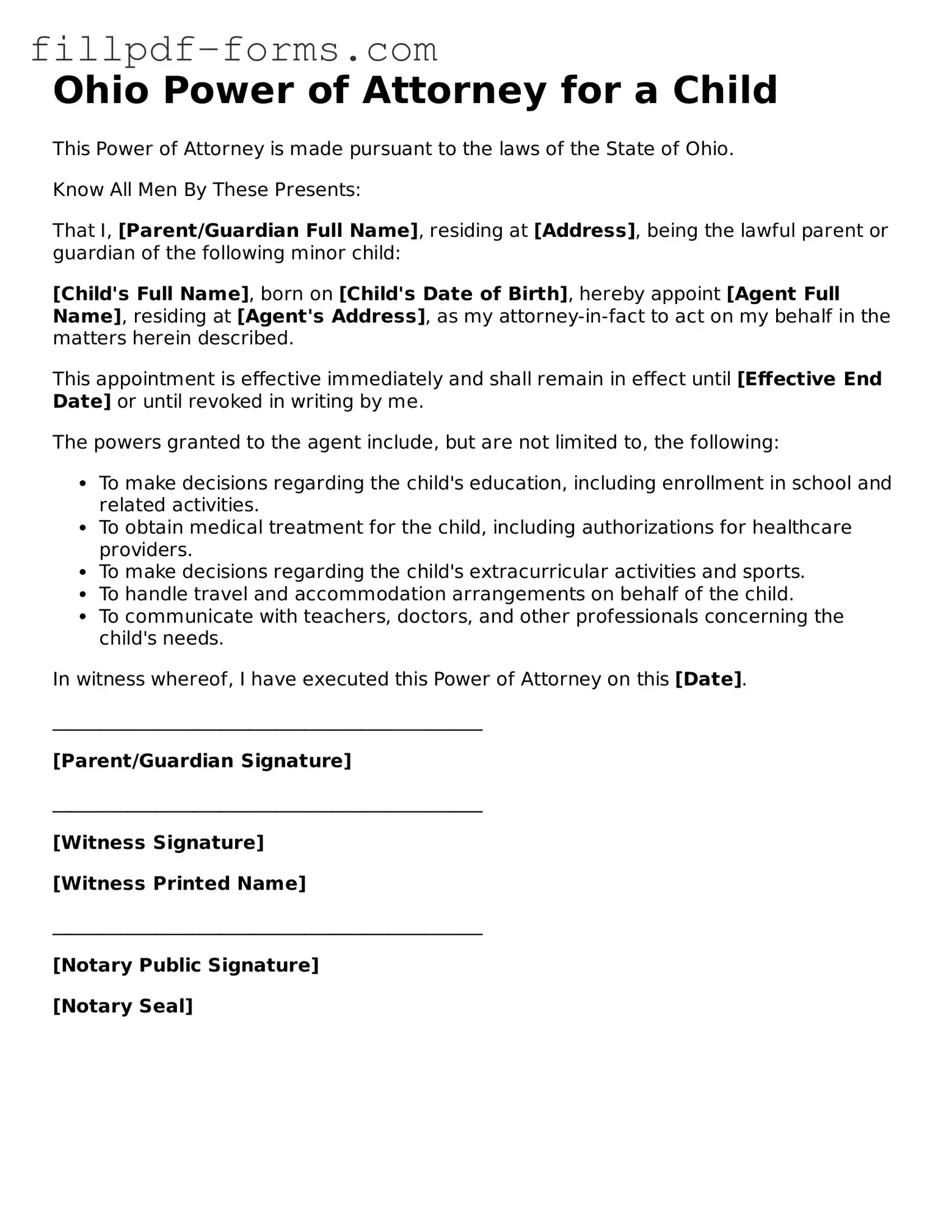 Fillable Power of Attorney for a Child Template for the State of Ohio