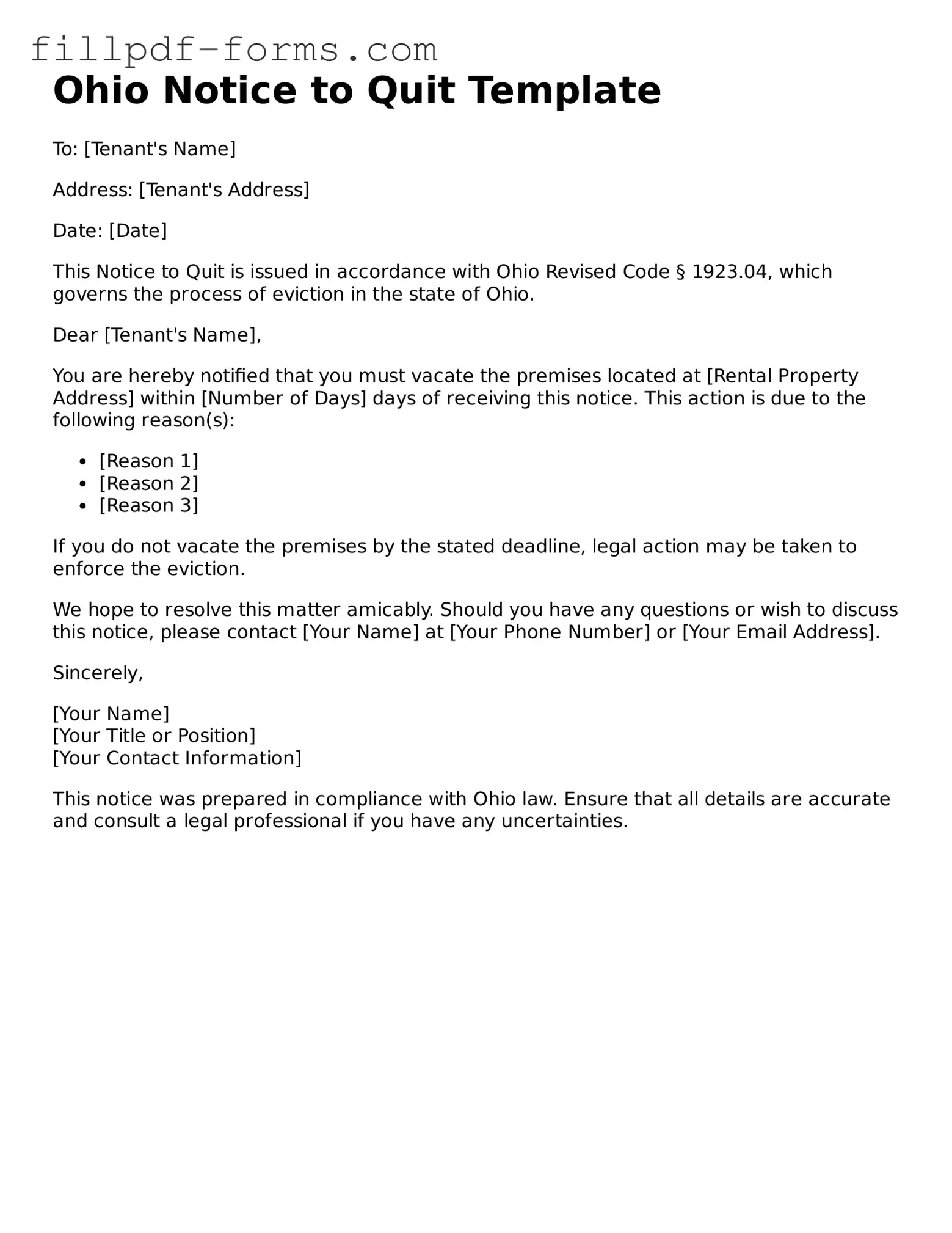 Fillable Notice to Quit Template for the State of Ohio