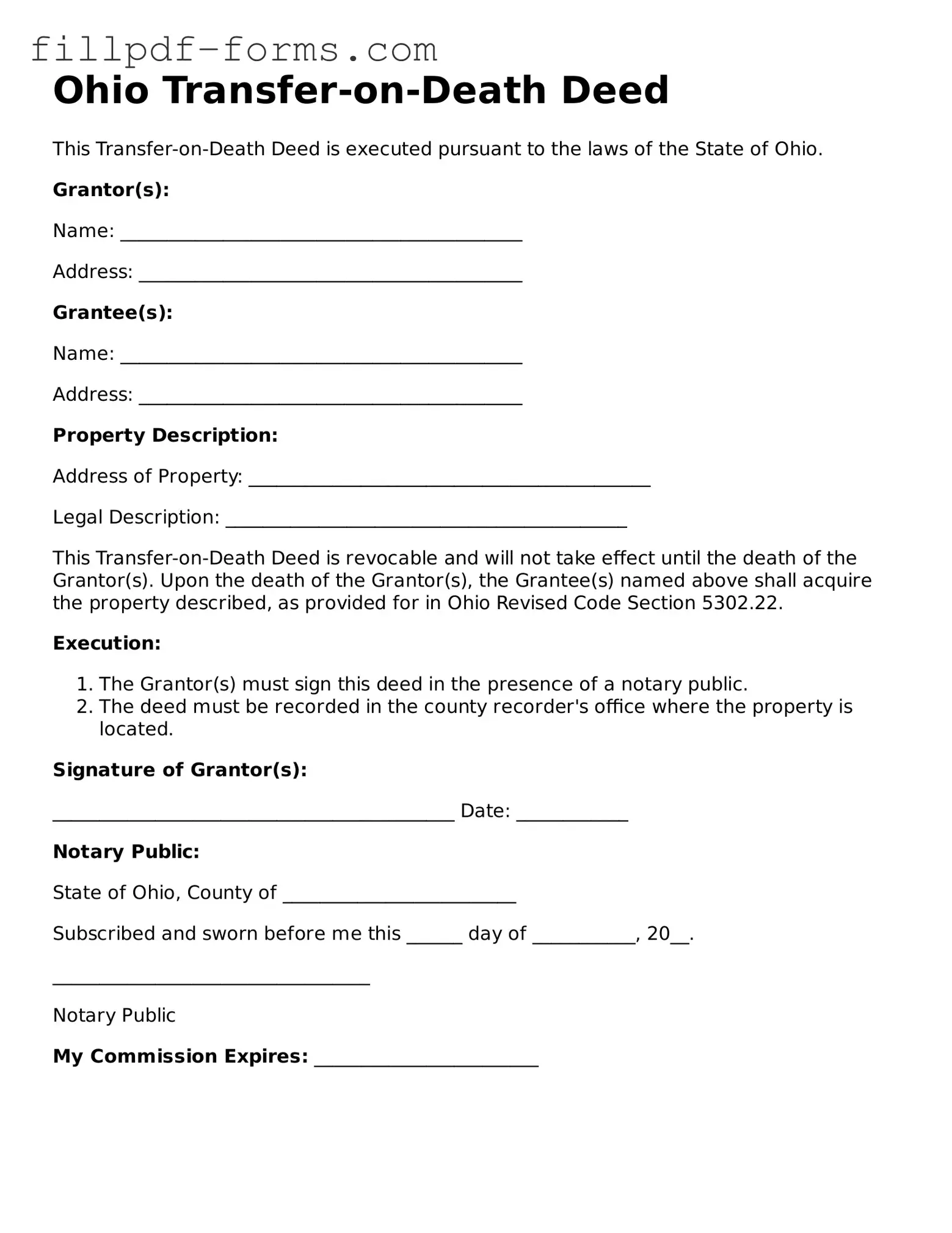 Fillable Transfer-on-Death Deed Template for the State of Ohio