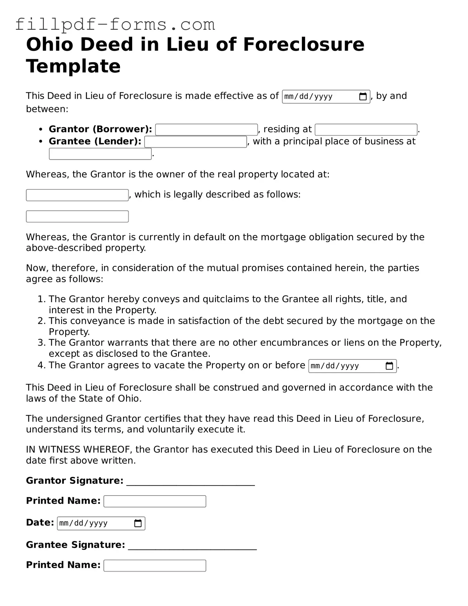 Fillable Deed in Lieu of Foreclosure Template for the State of Ohio
