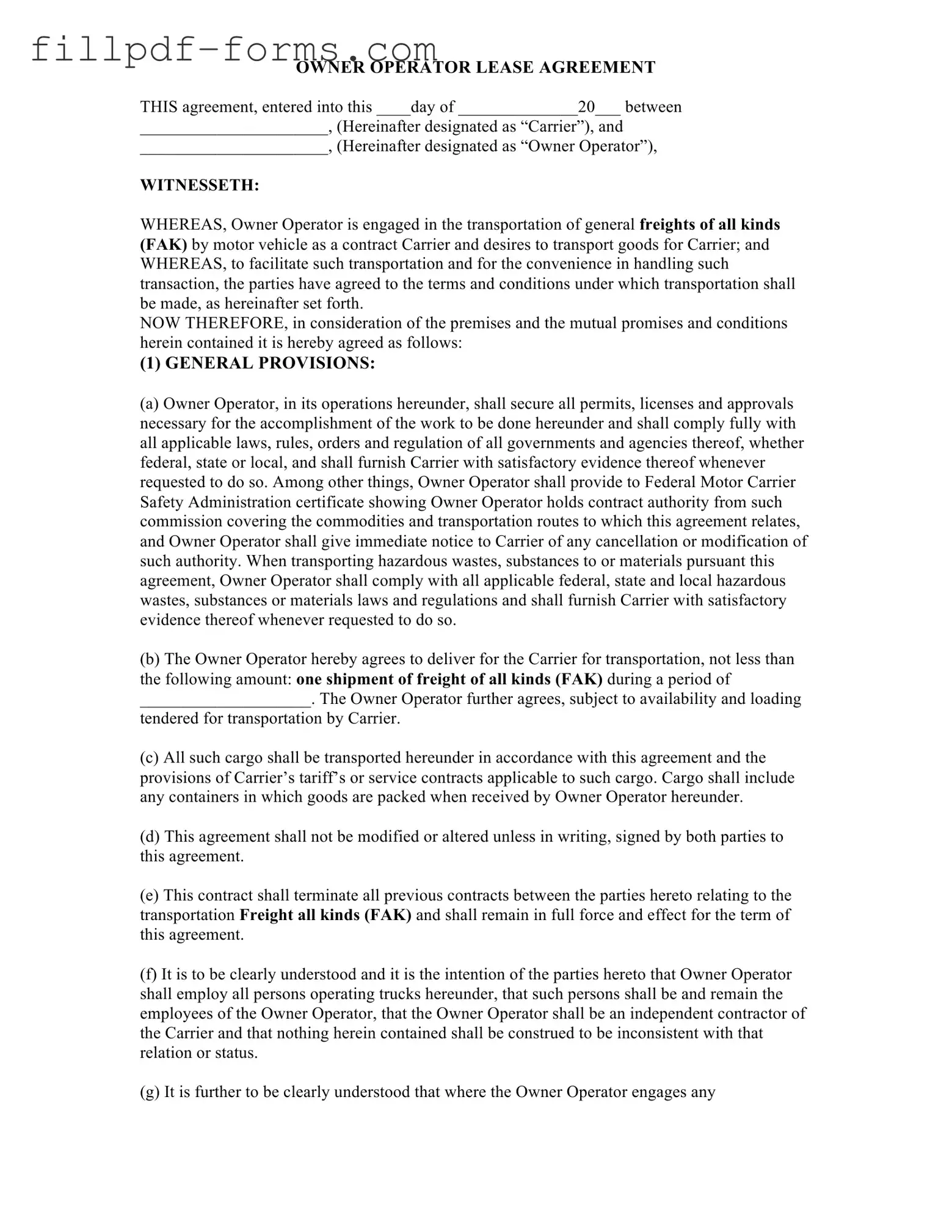 Owner Operator Lease Agreement PDF Form