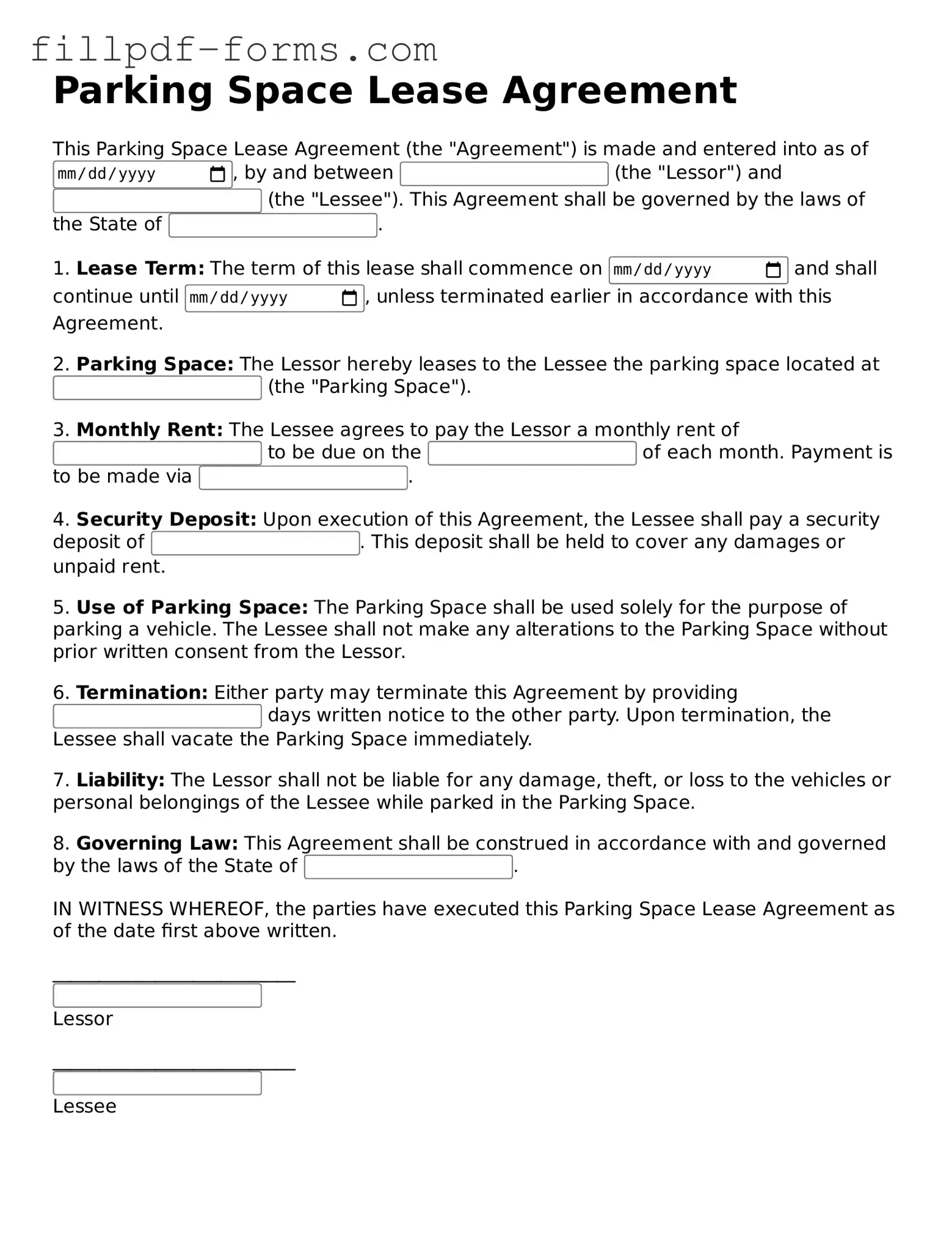 Fillable Parking Space Lease Agreement Template