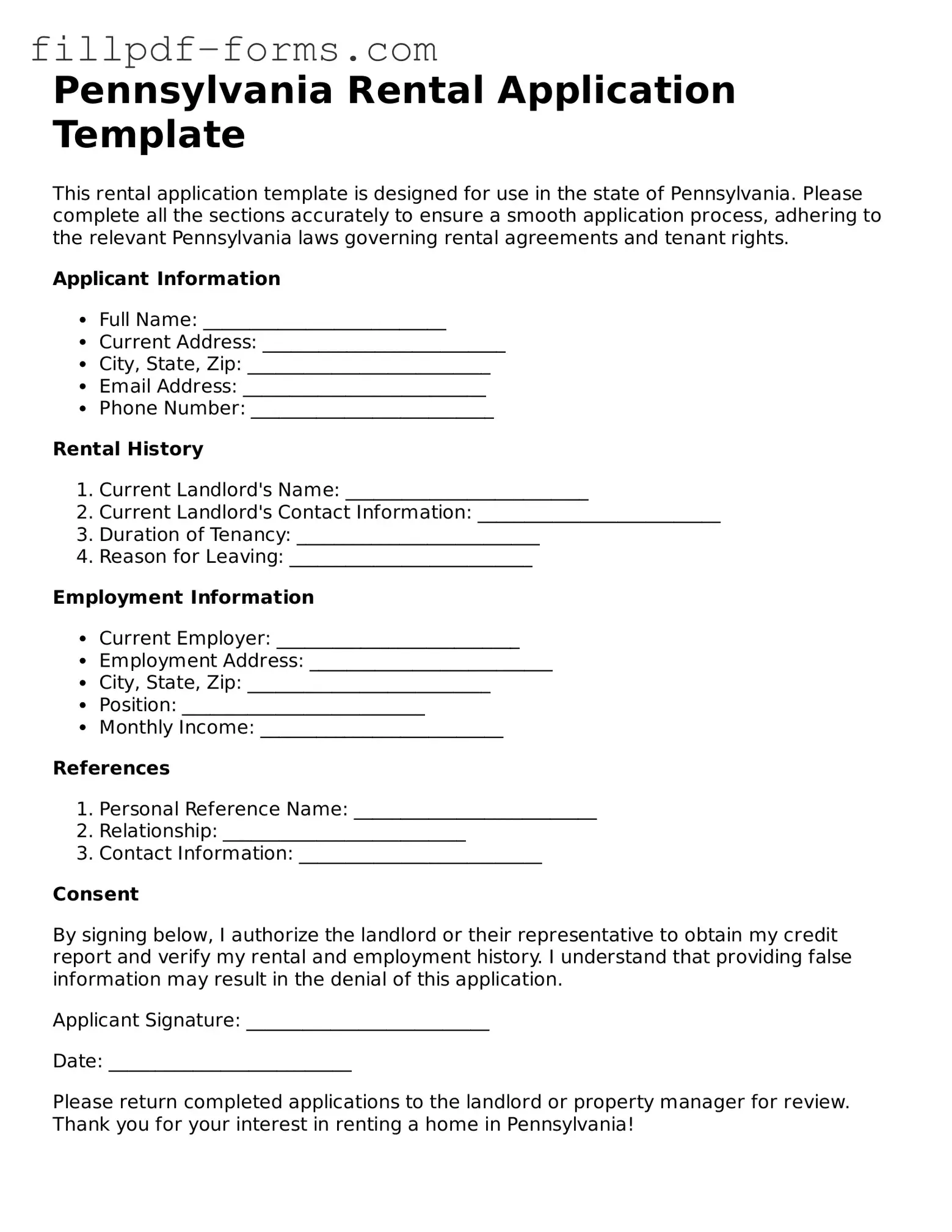 Fillable Rental Application Template for the State of Pennsylvania