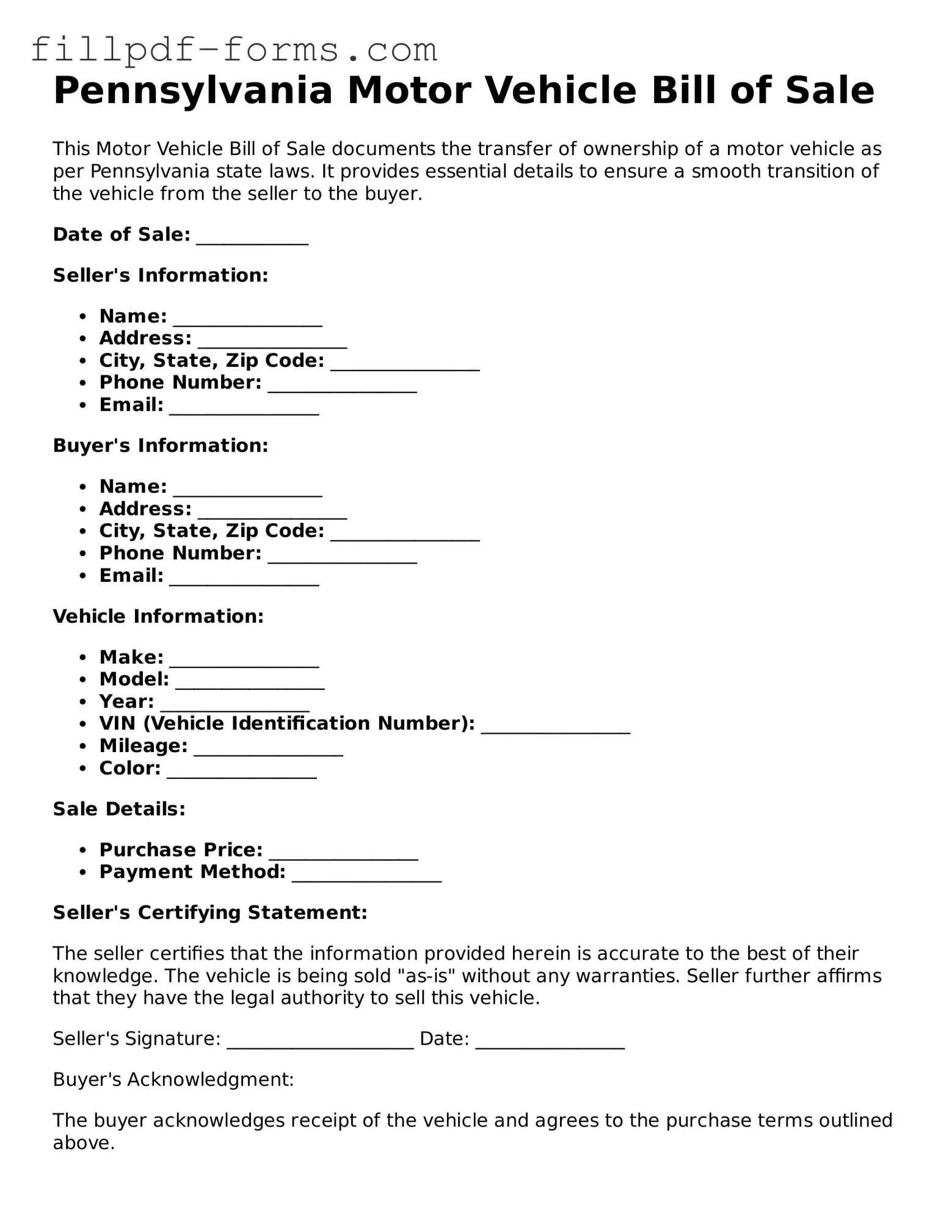 Fillable Motor Vehicle Bill of Sale Template for the State of Pennsylvania
