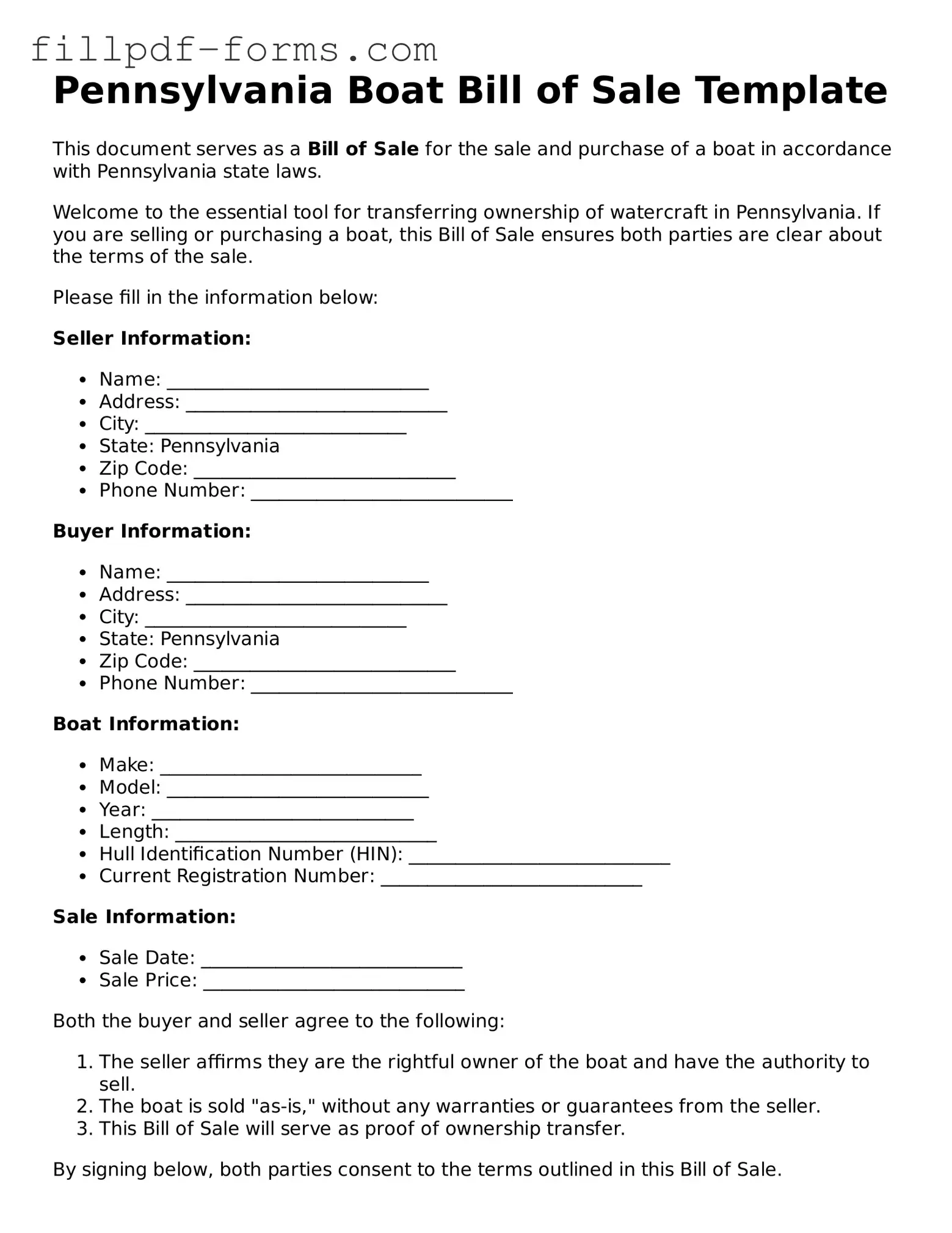 Fillable Boat Bill of Sale Template for the State of Pennsylvania