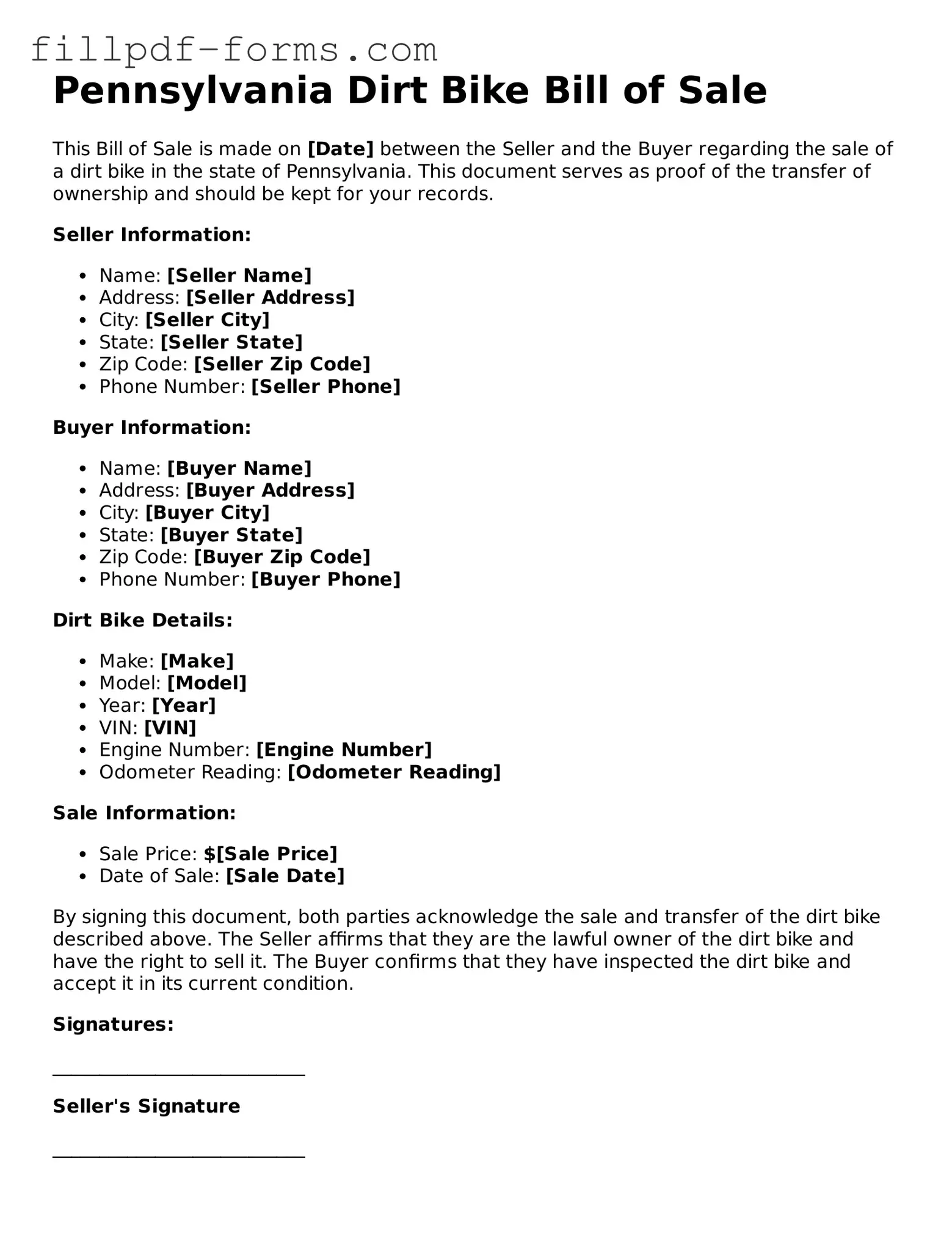 Fillable Dirt Bike Bill of Sale Template for the State of Pennsylvania