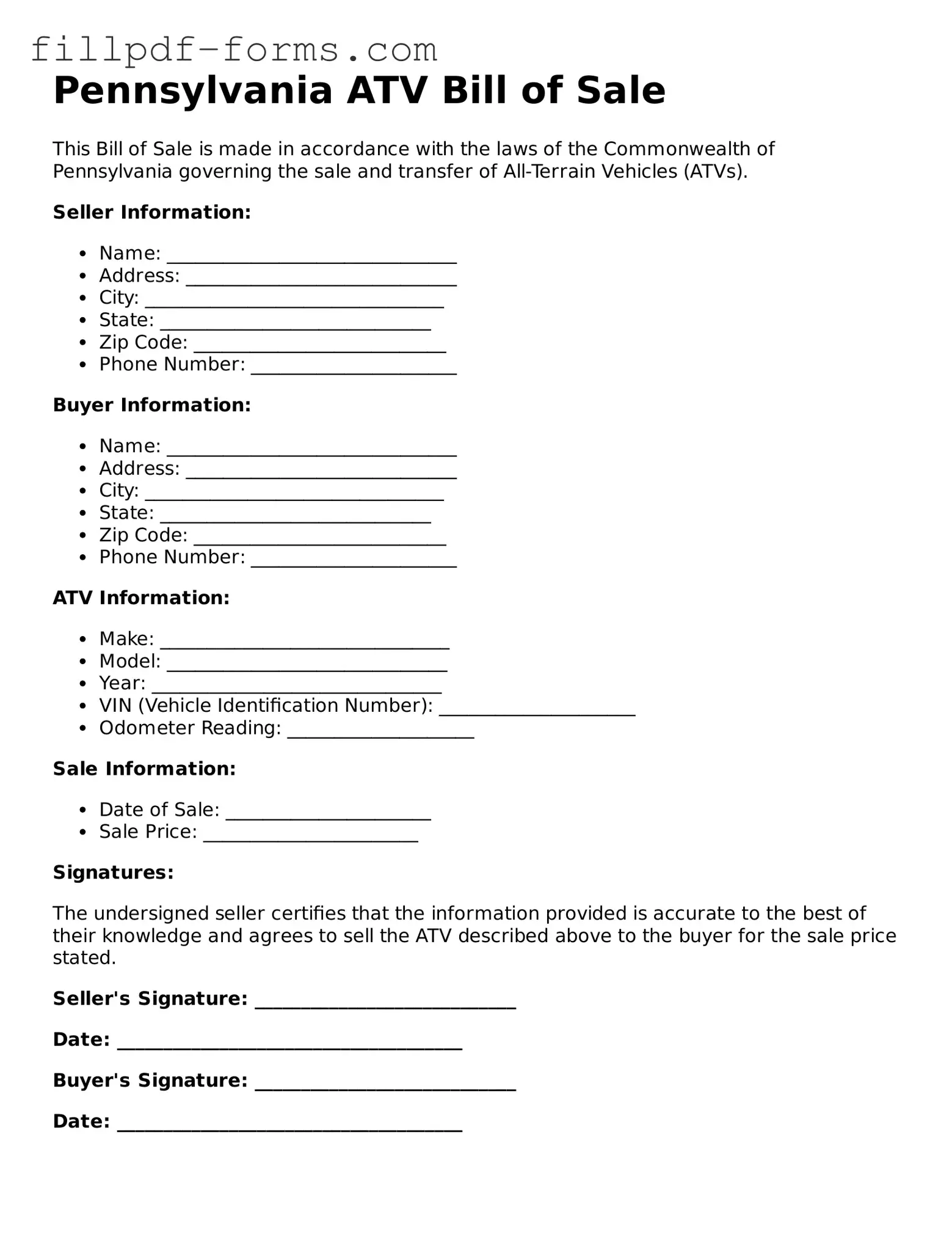 Fillable ATV Bill of Sale Template for the State of Pennsylvania