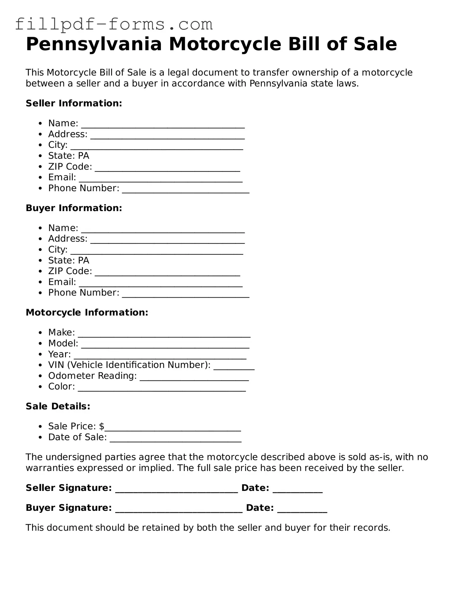 Fillable Motorcycle Bill of Sale Template for the State of Pennsylvania
