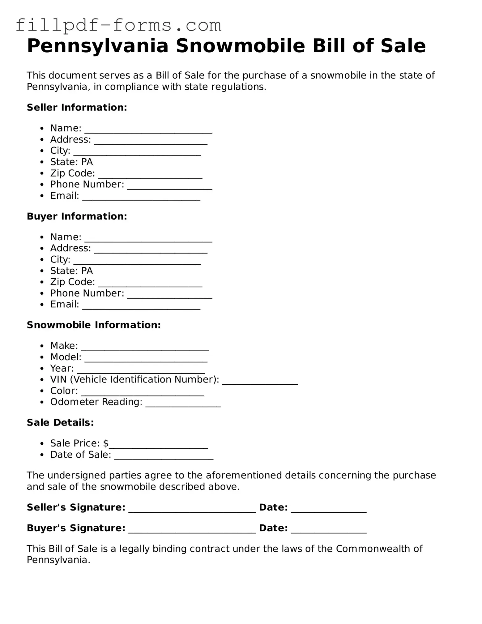 Fillable Snowmobile Bill of Sale Template for the State of Pennsylvania
