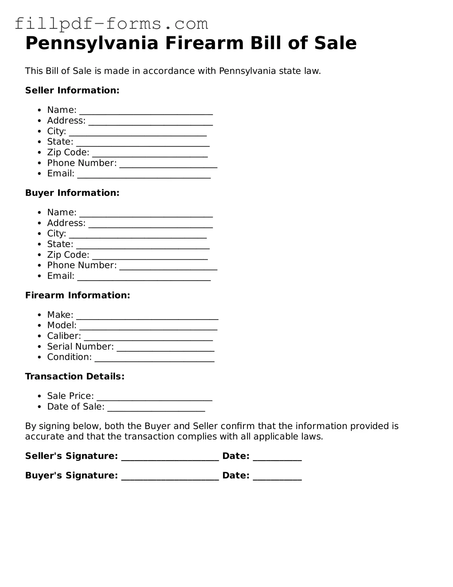 Fillable Firearm Bill of Sale Template for the State of Pennsylvania