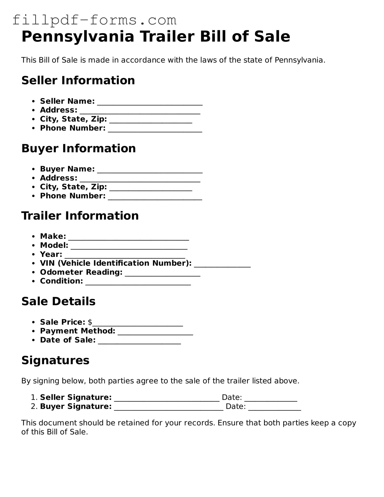 Fillable Trailer Bill of Sale Template for the State of Pennsylvania