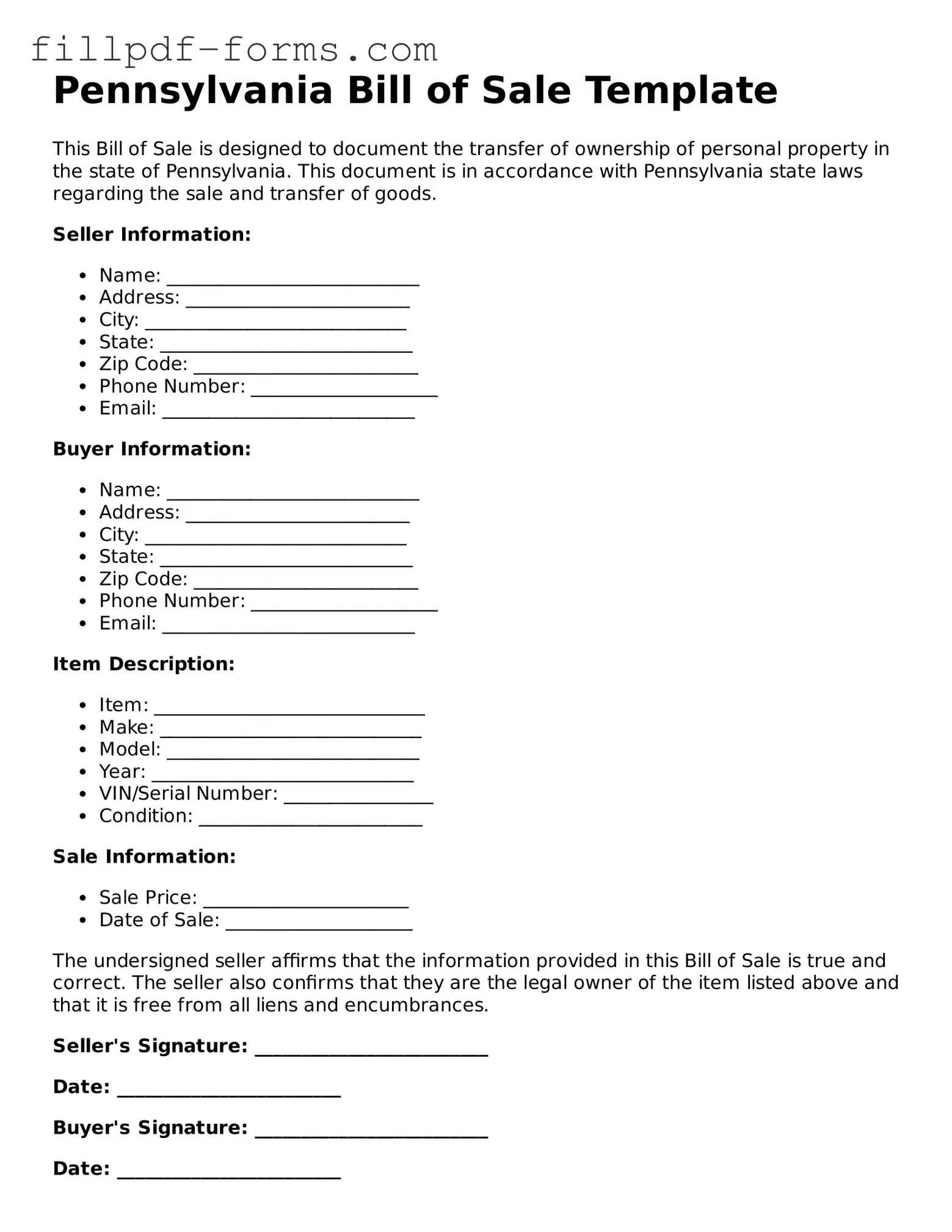 Fillable Bill of Sale Template for the State of Pennsylvania