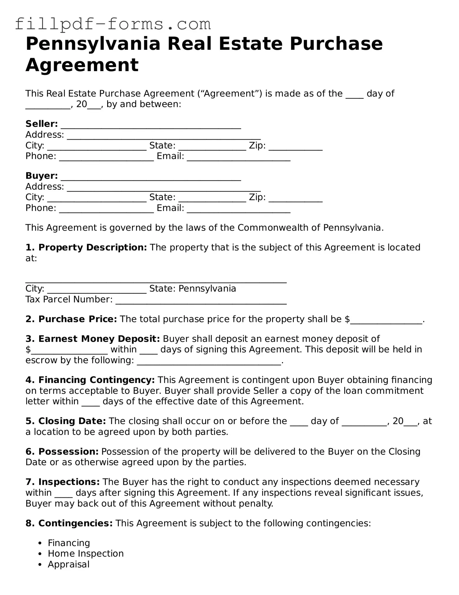 Fillable Real Estate Purchase Agreement Template for the State of Pennsylvania