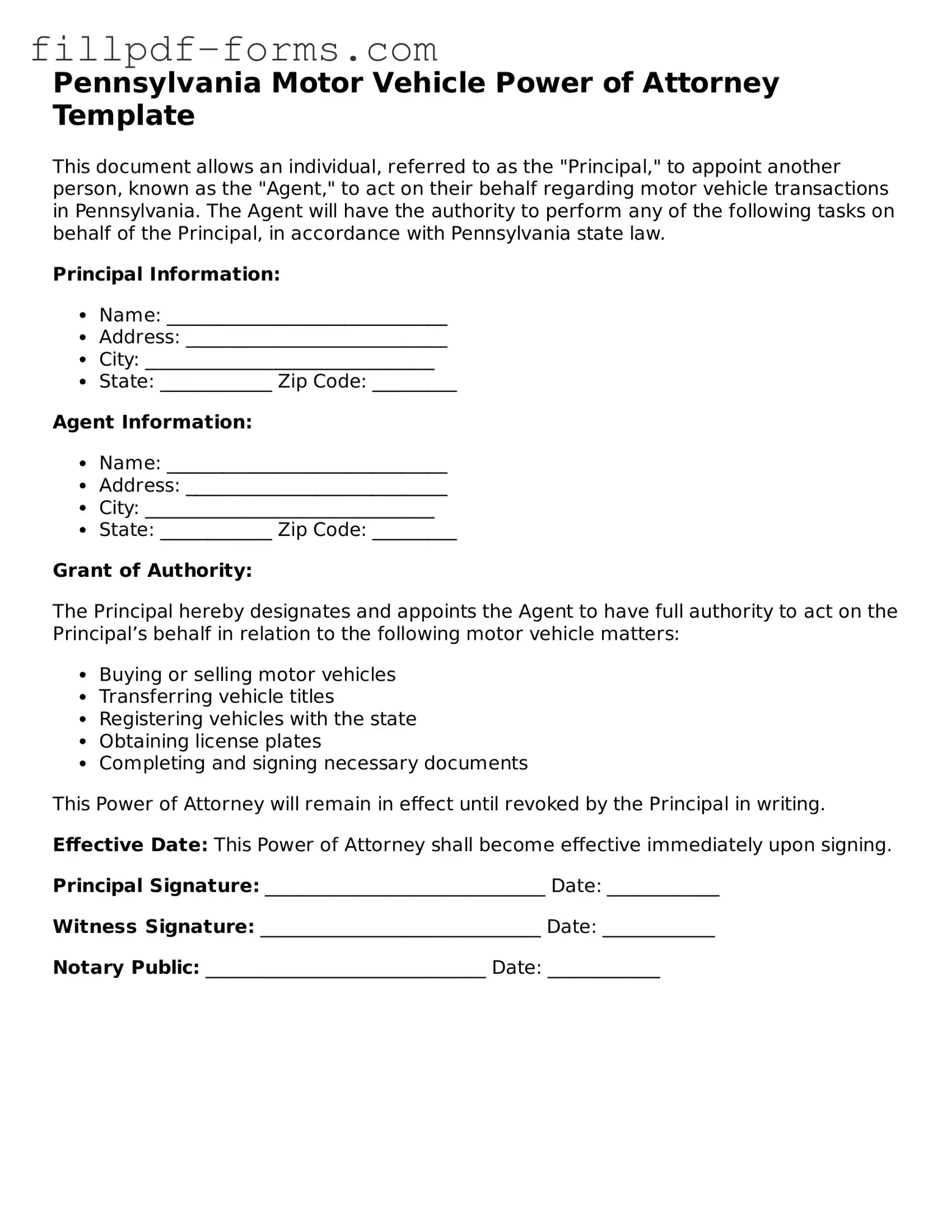 Fillable Motor Vehicle Power of Attorney Template for the State of Pennsylvania