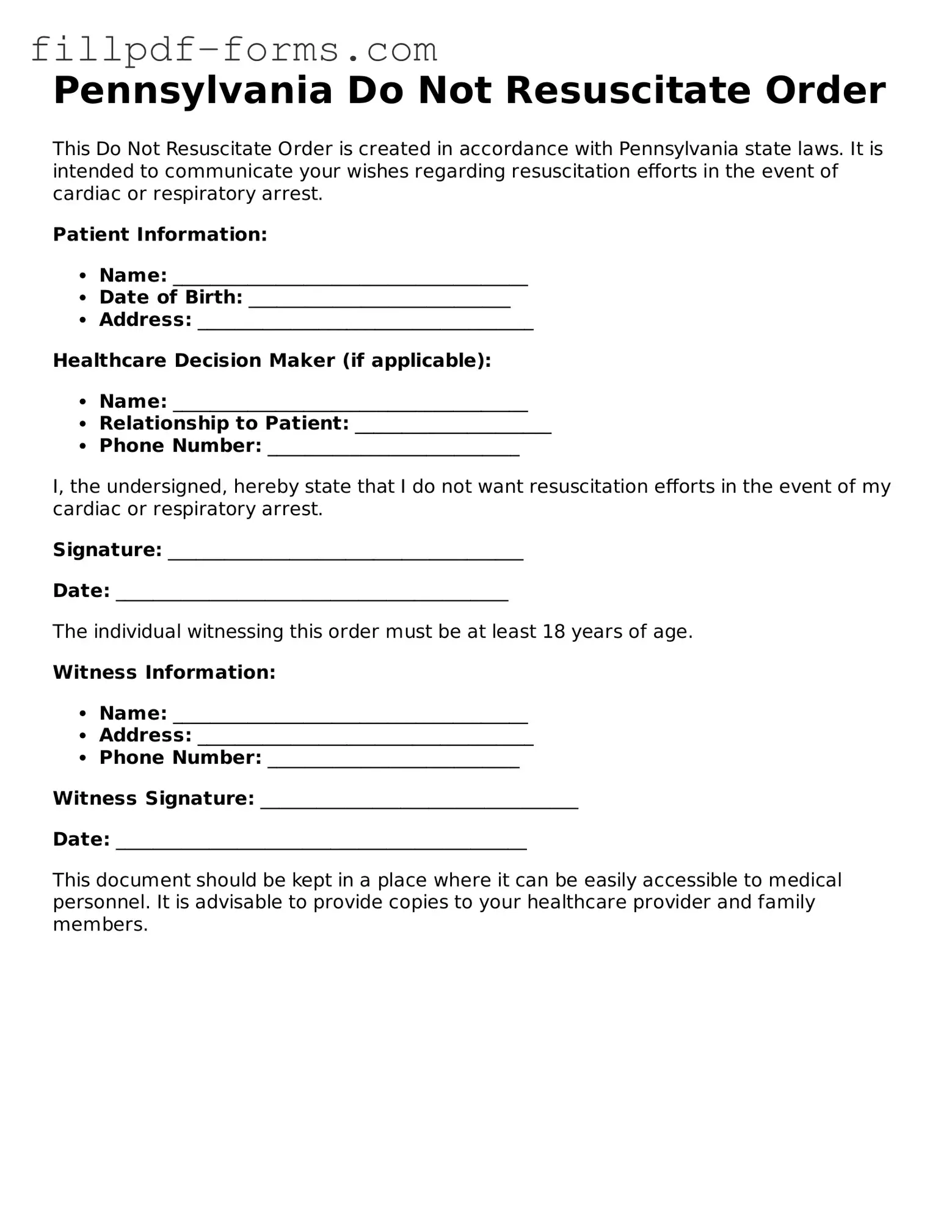 Fillable Do Not Resuscitate Order Template for the State of Pennsylvania