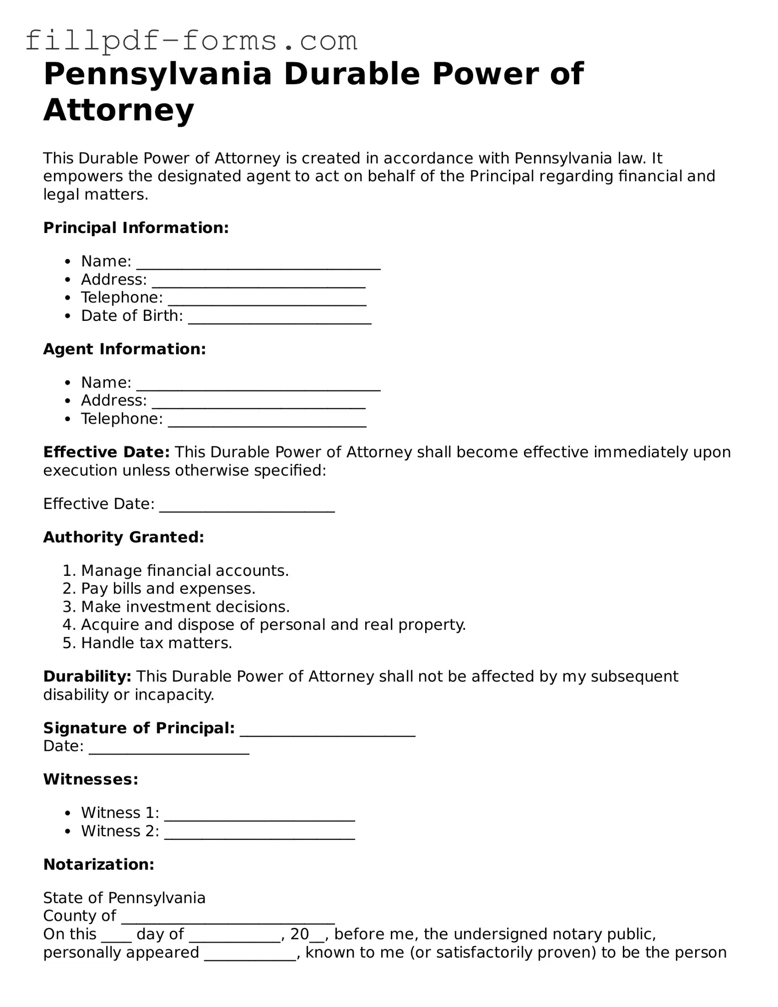 Fillable Durable Power of Attorney Template for the State of Pennsylvania