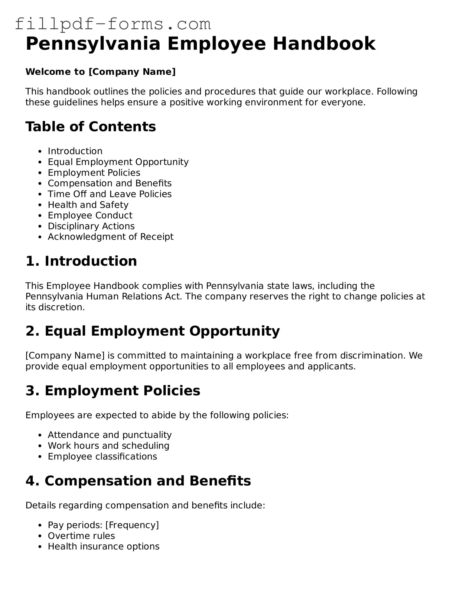 Fillable Employee Handbook Template for the State of Pennsylvania