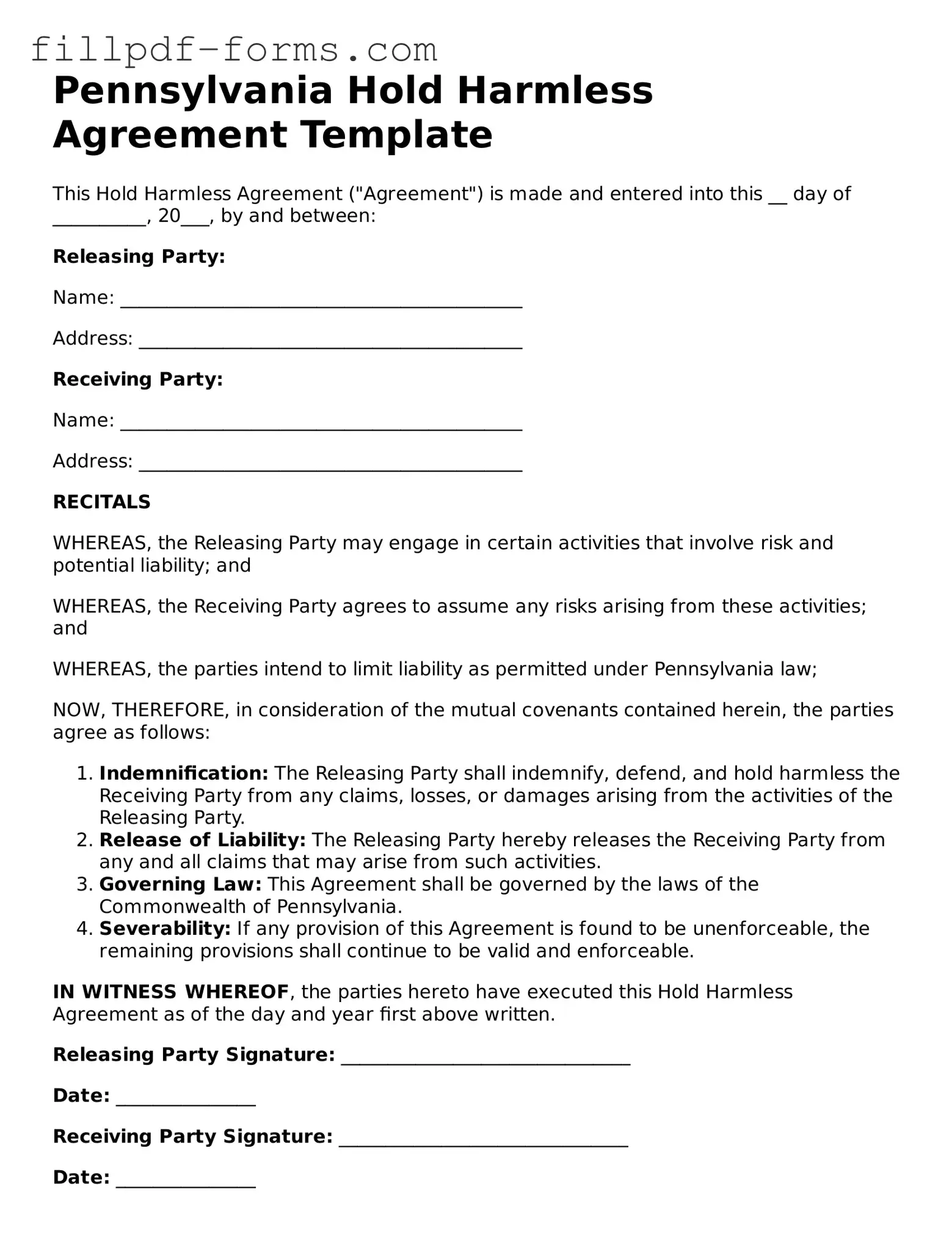 Fillable Hold Harmless Agreement Template for the State of Pennsylvania