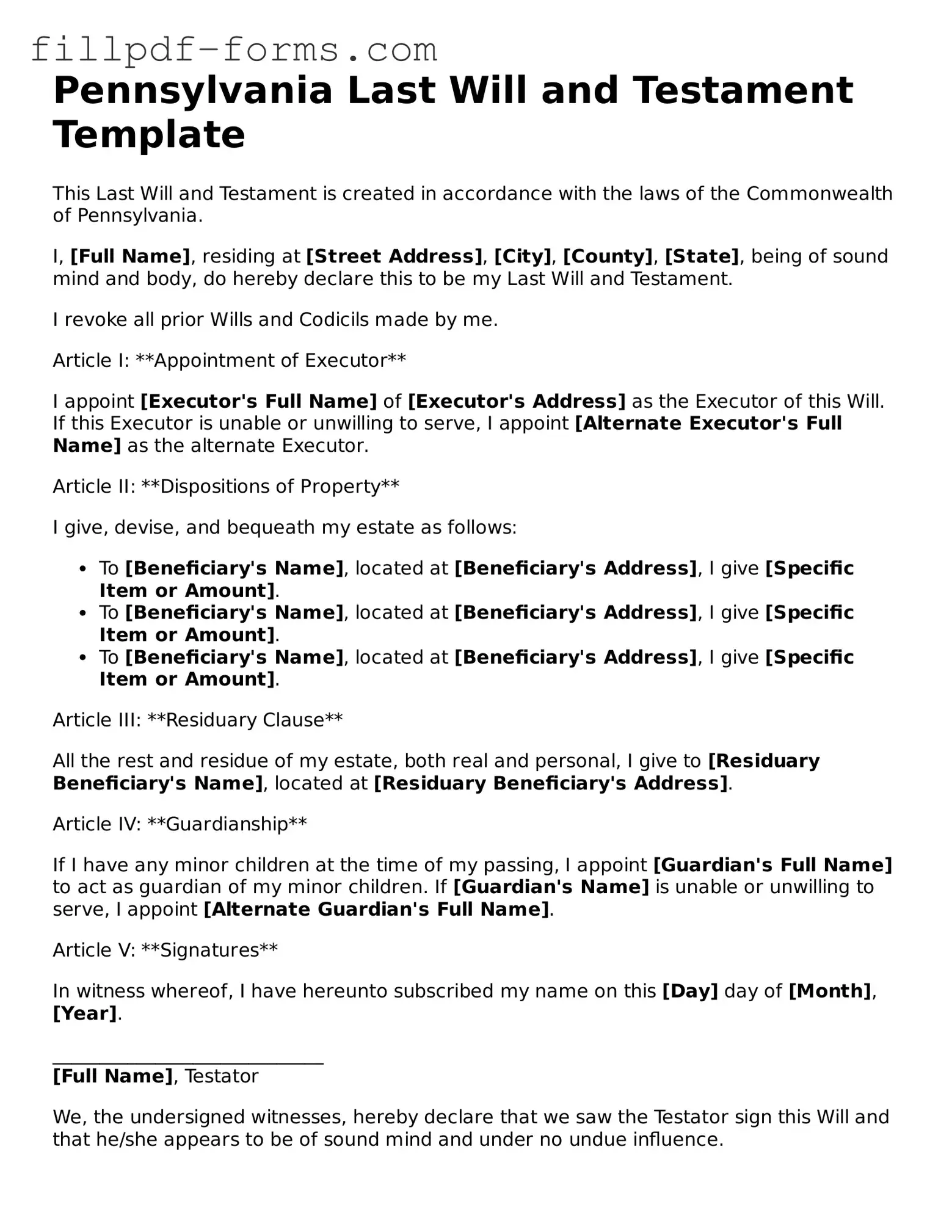 Fillable Last Will and Testament Template for the State of Pennsylvania