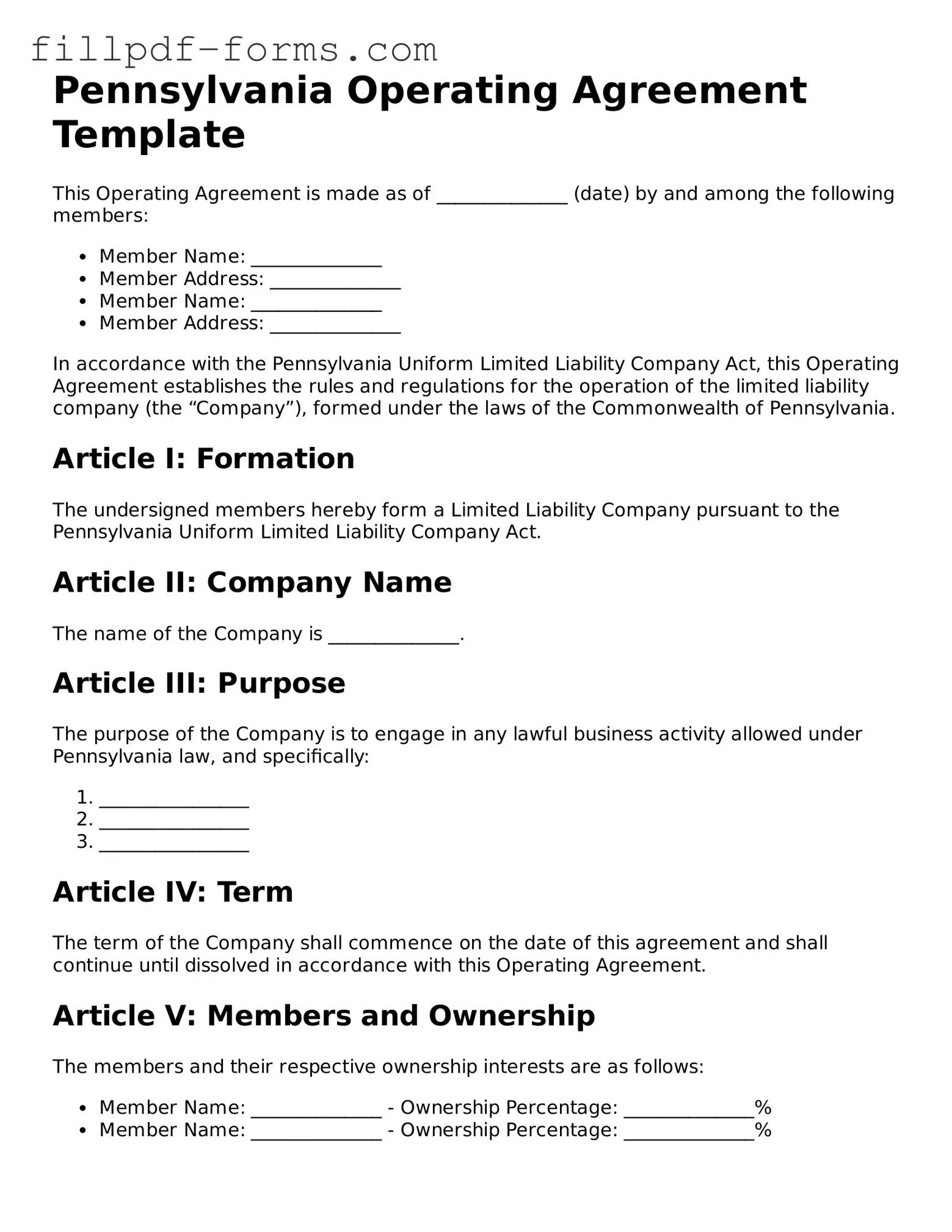 Fillable Operating Agreement Template for the State of Pennsylvania