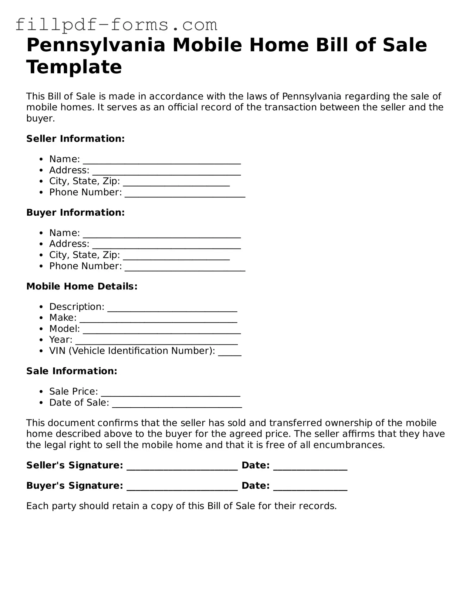 Fillable Mobile Home Bill of Sale Template for the State of Pennsylvania