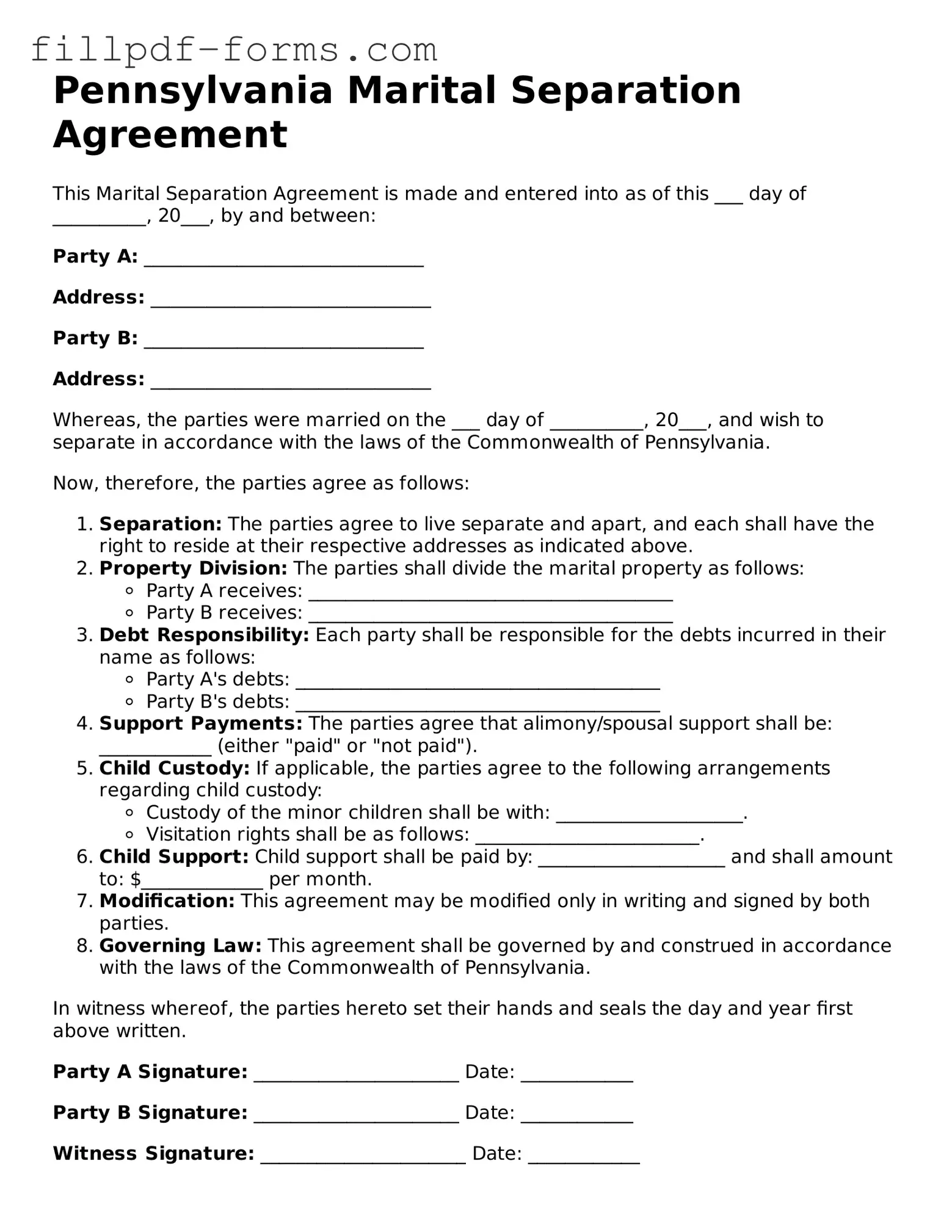 Fillable Marital Separation Agreement Template for the State of Pennsylvania