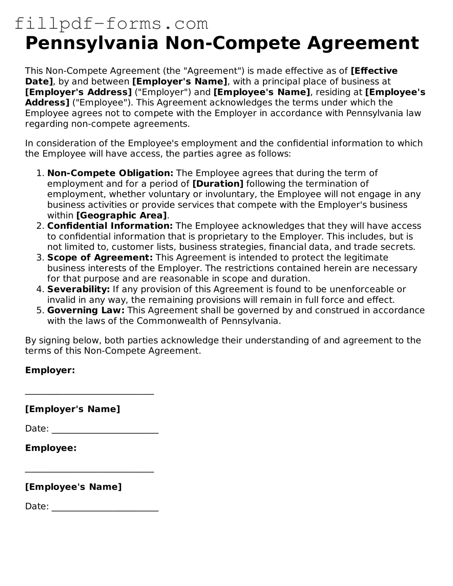 Fillable Non-compete Agreement Template for the State of Pennsylvania