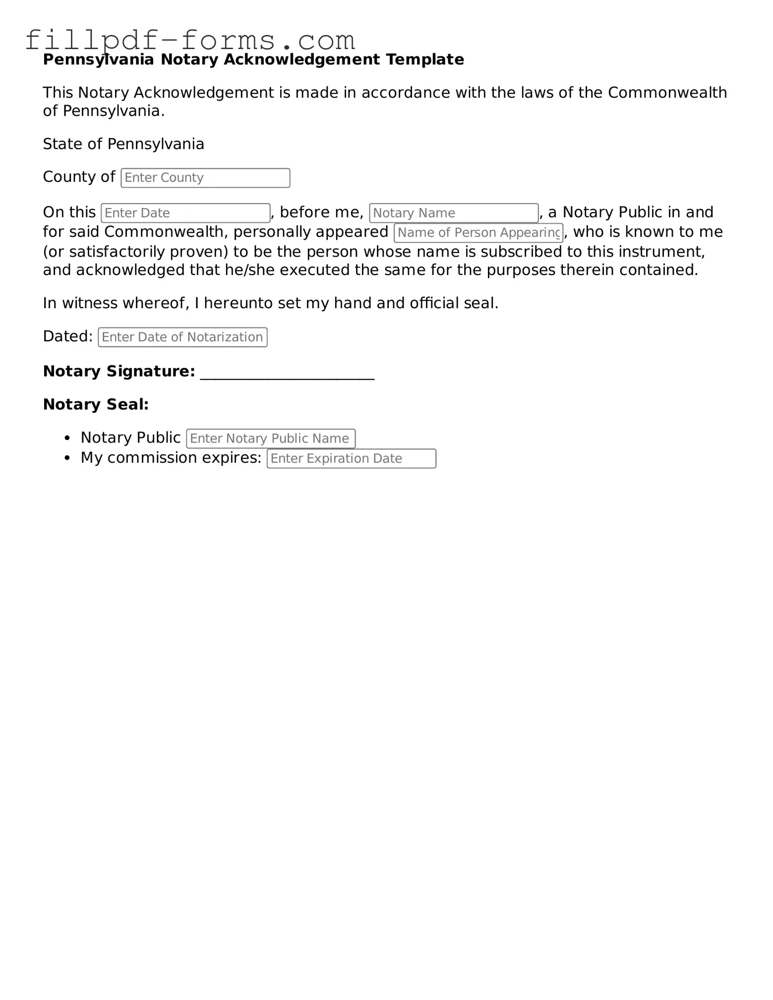 Fillable Notary Acknowledgement Template for the State of Pennsylvania