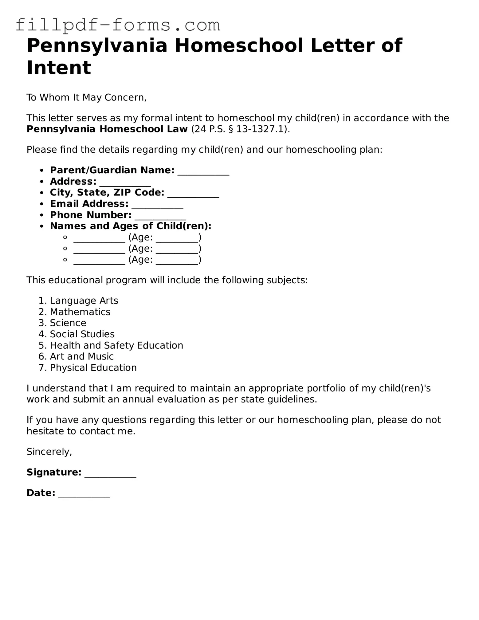 Fillable Homeschool Letter of Intent Template for the State of Pennsylvania