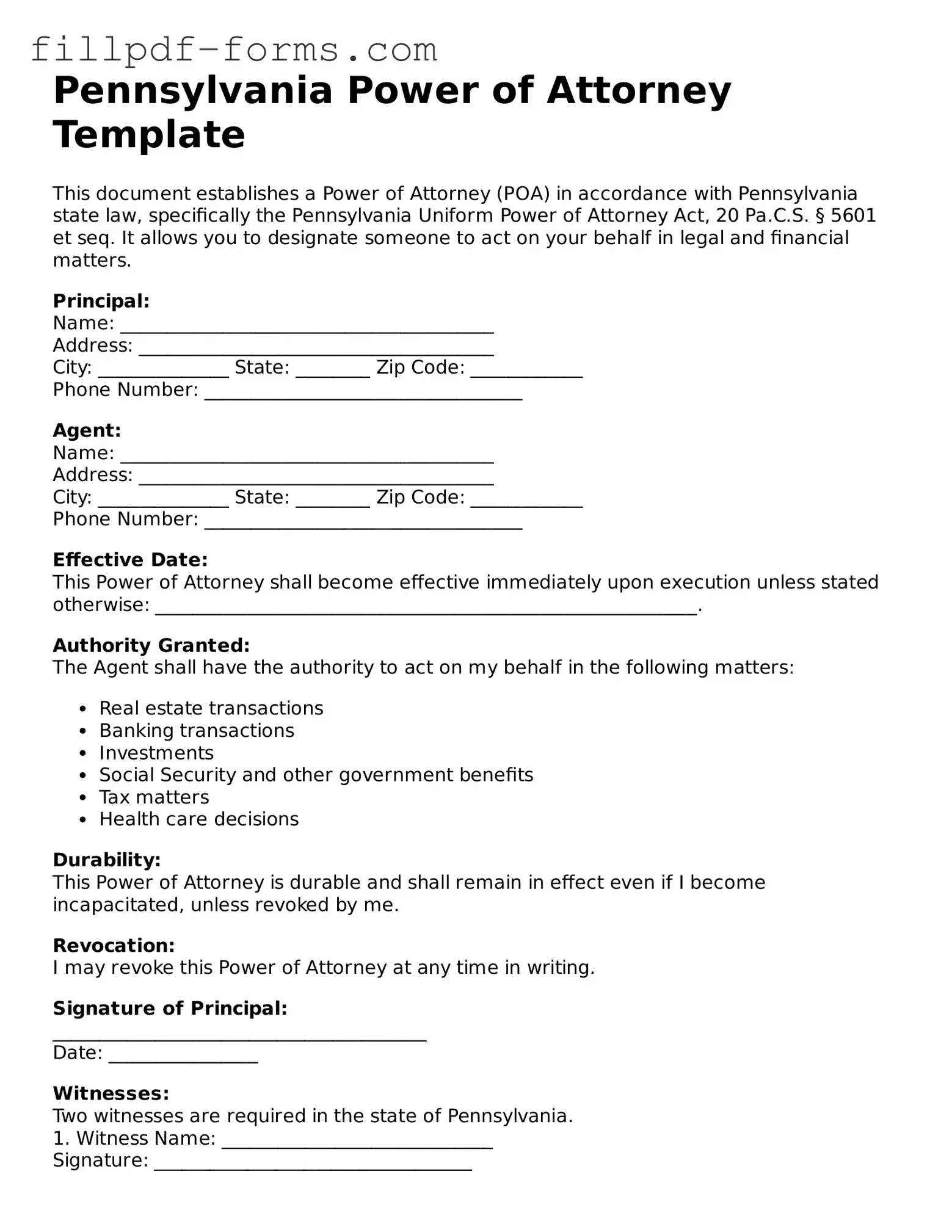 Fillable Power of Attorney Template for the State of Pennsylvania