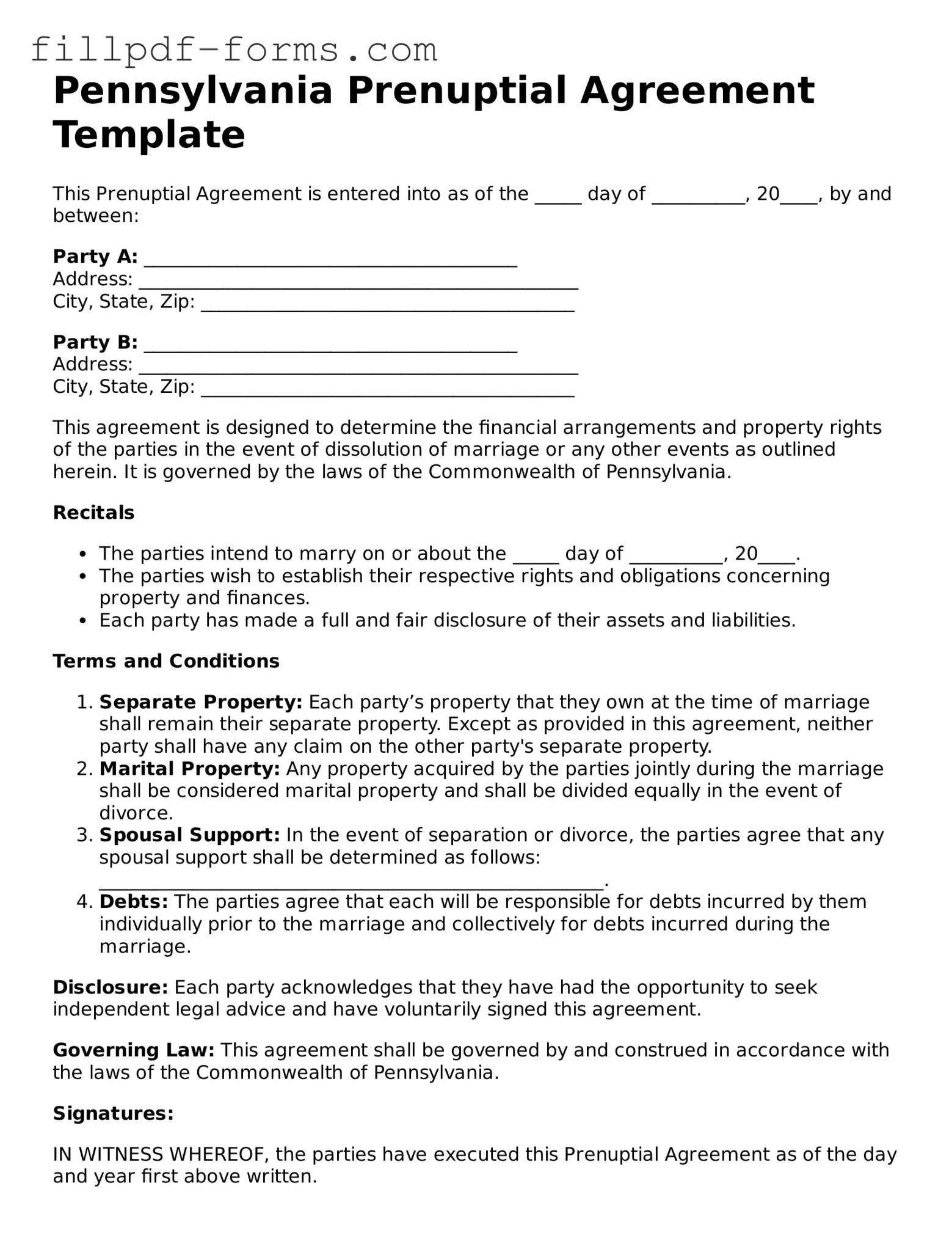 Fillable Prenuptial Agreement Template for the State of Pennsylvania