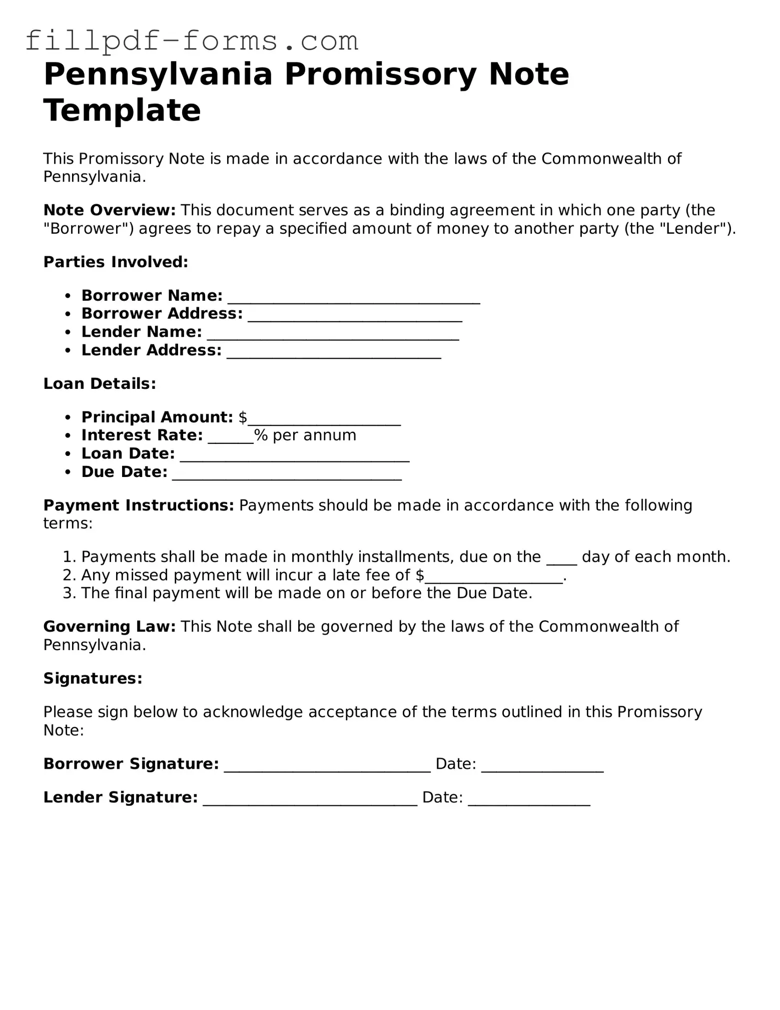 Fillable Promissory Note Template for the State of Pennsylvania