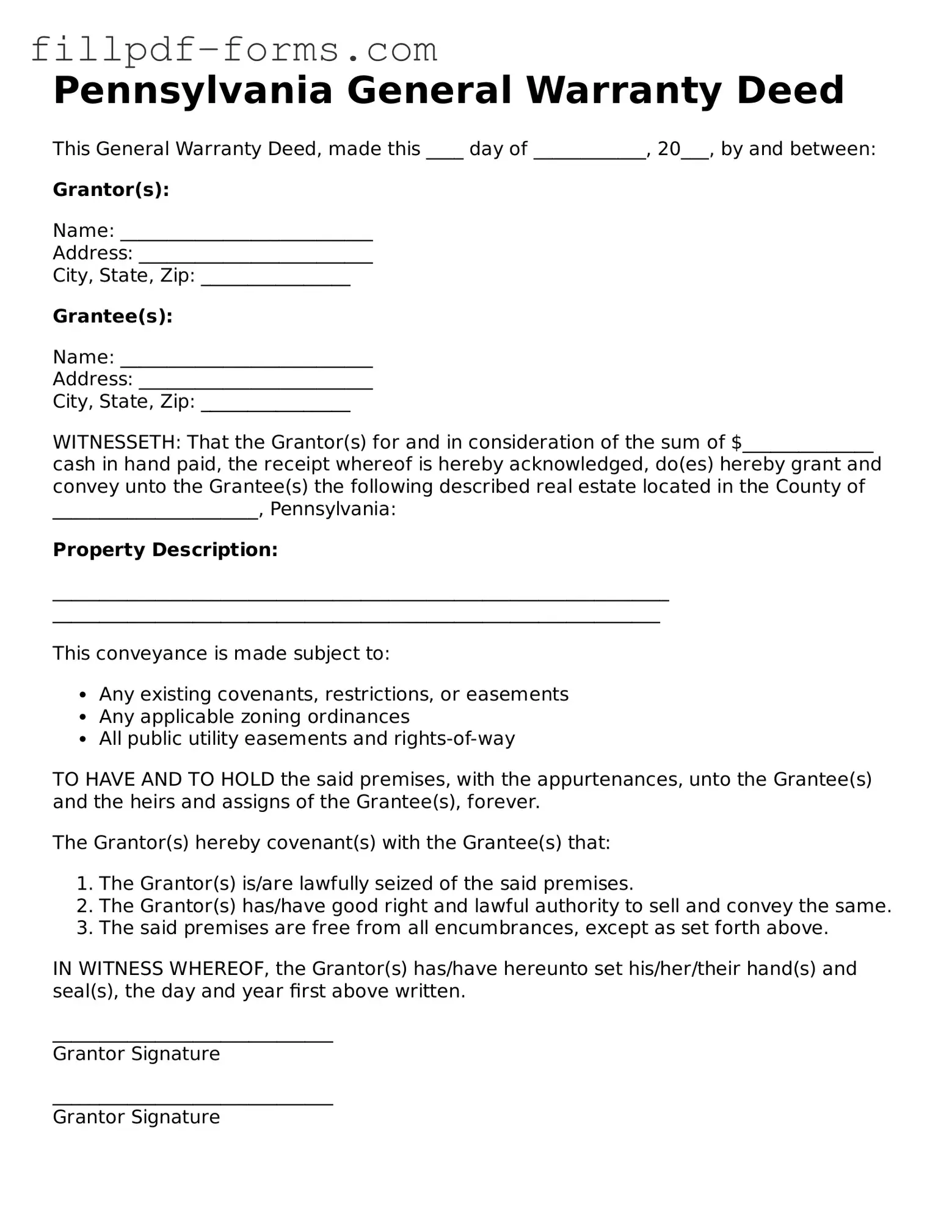 Fillable Deed Template for the State of Pennsylvania