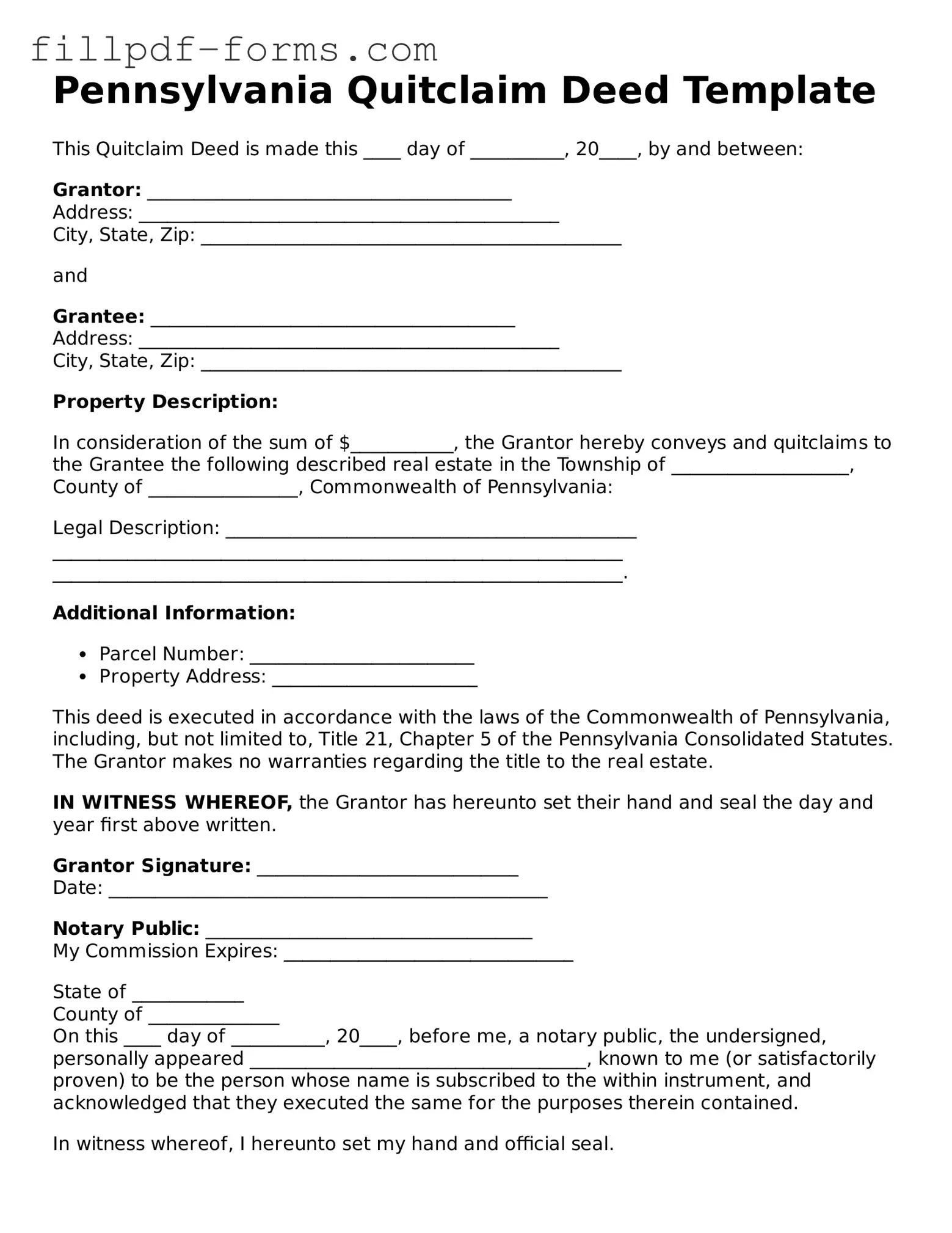 Fillable Quitclaim Deed Template for the State of Pennsylvania