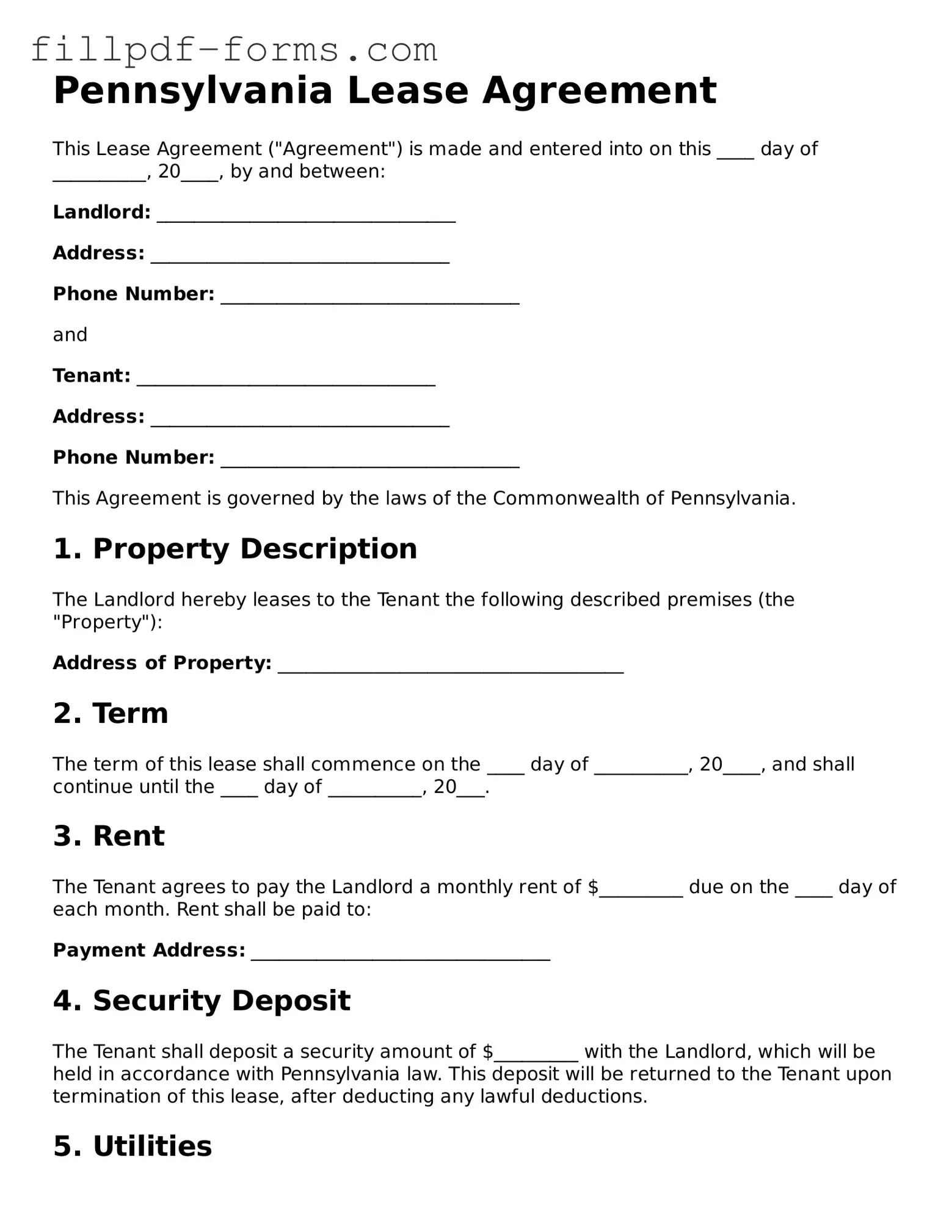 Fillable Lease Agreement Template for the State of Pennsylvania