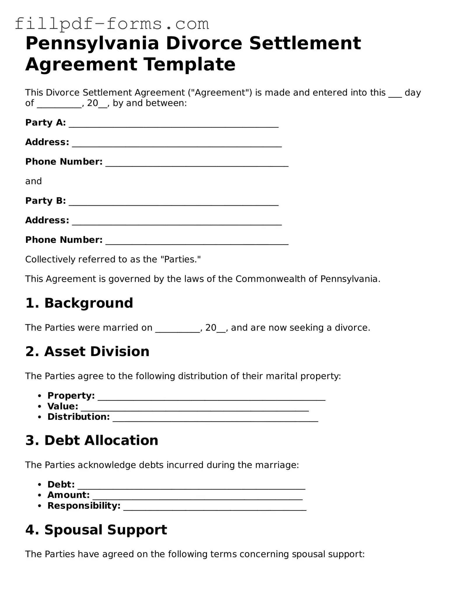 Fillable Divorce Settlement Agreement Template for the State of Pennsylvania