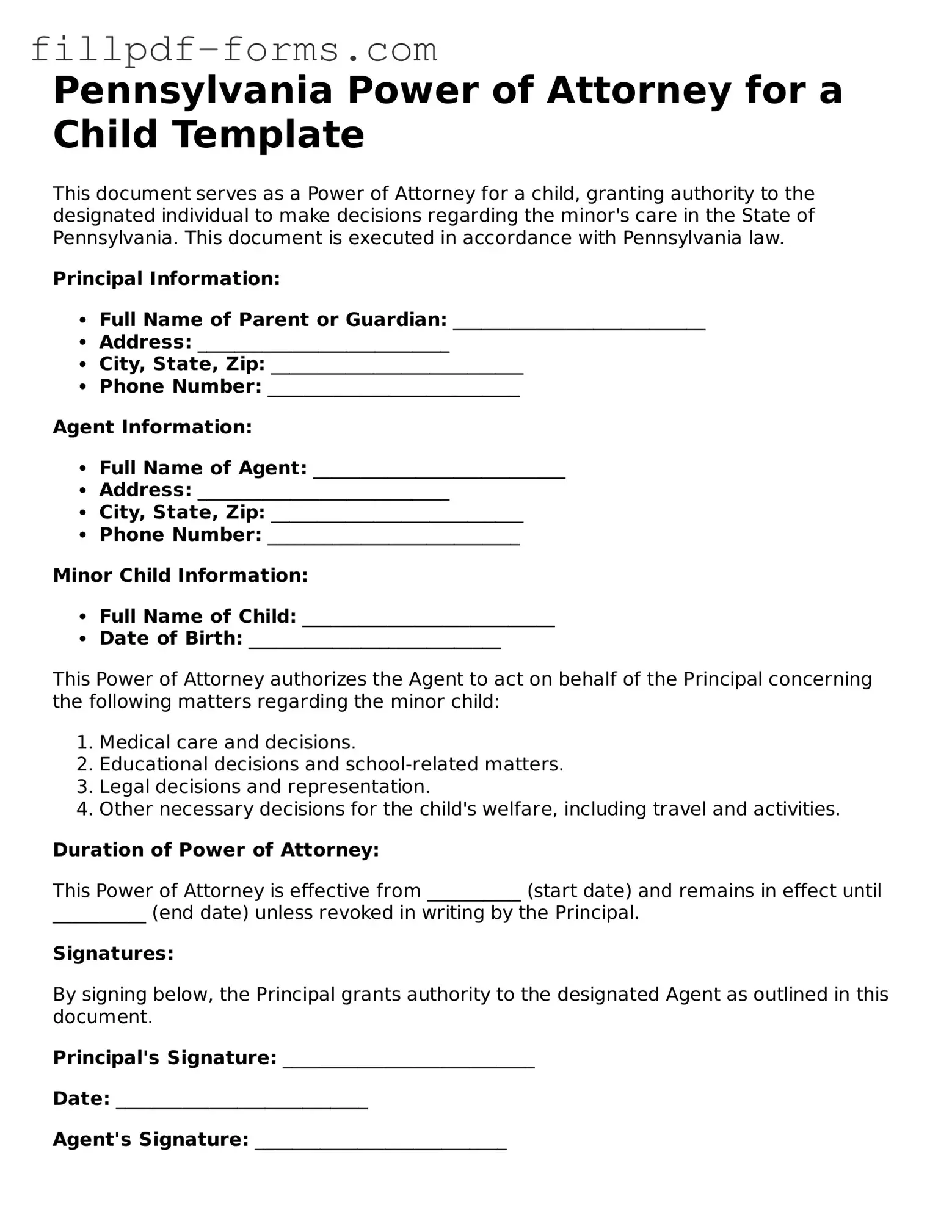Fillable Power of Attorney for a Child Template for the State of Pennsylvania