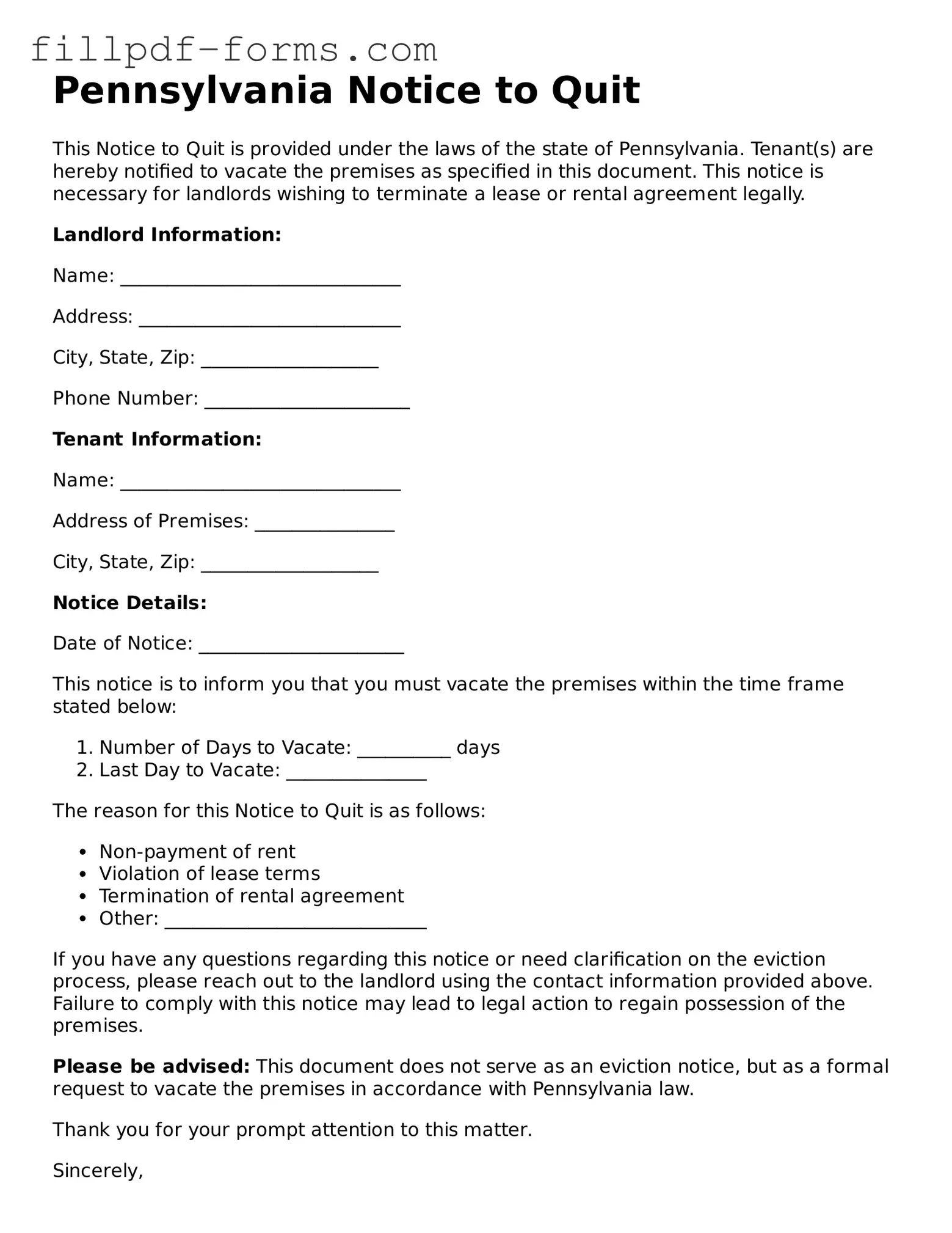 Fillable Notice to Quit Template for the State of Pennsylvania